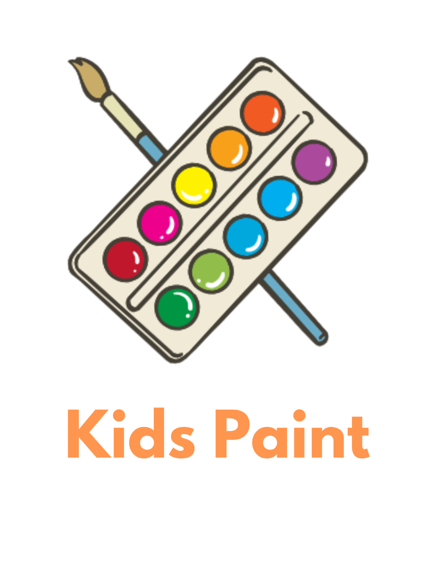 Illustration of a watercolor paint palette with a paintbrush, featuring multiple colors, and the text 'Kids Paint' in orange.