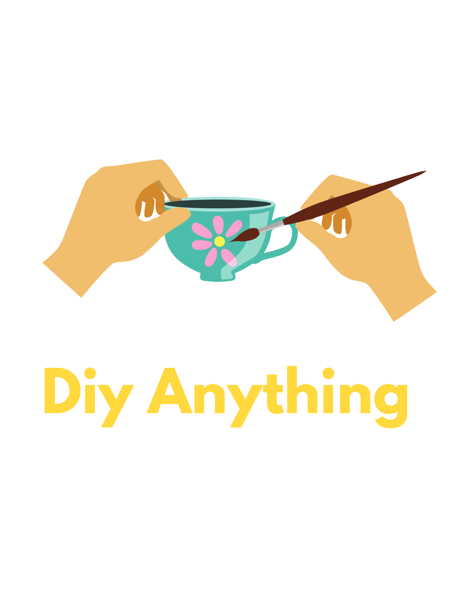 Illustration of hands painting a flower design on a turquoise mug with a paintbrush, with the text 'Diy Anything' below.