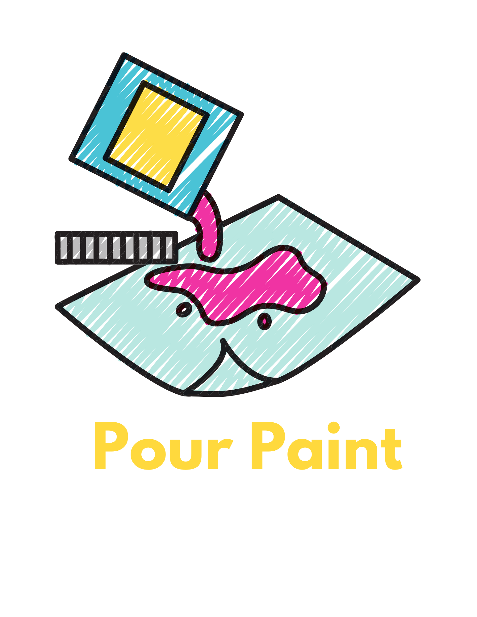 Illustration of paint pouring from a paint container onto a palette, with the words 'Pour Paint' in yellow underneath.