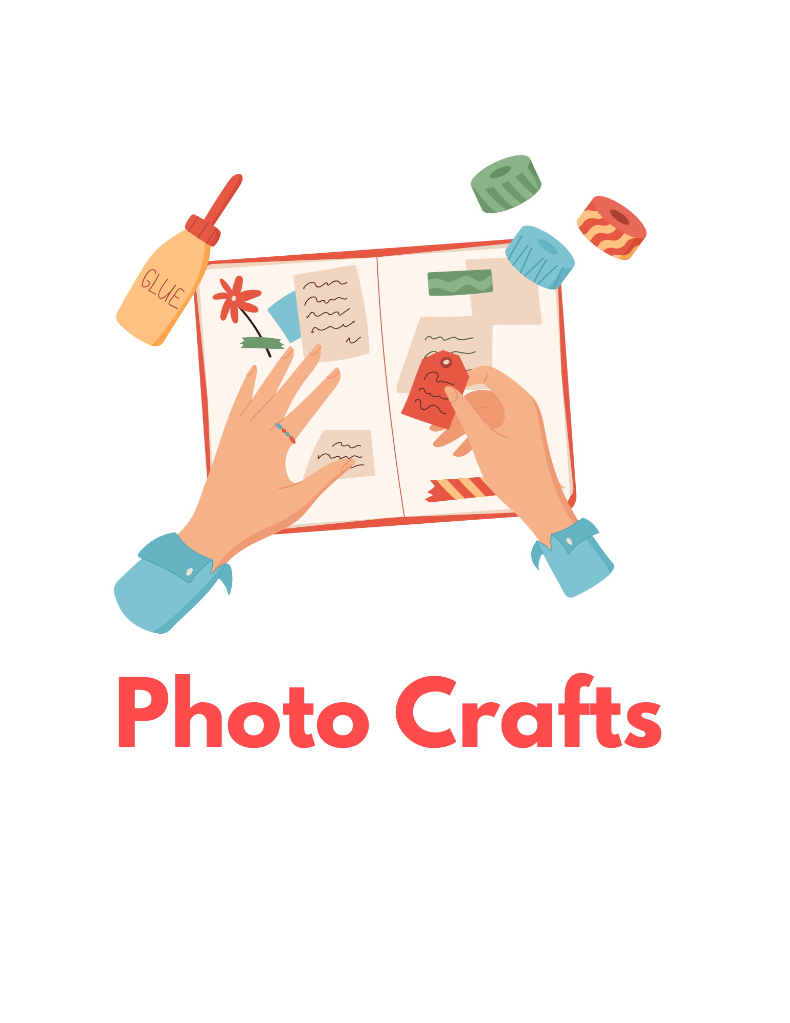 Illustration of hands gluing photos and paper notes in a scrapbook with decorative washi tapes and glue bottle, labeled 'Photo Crafts'.