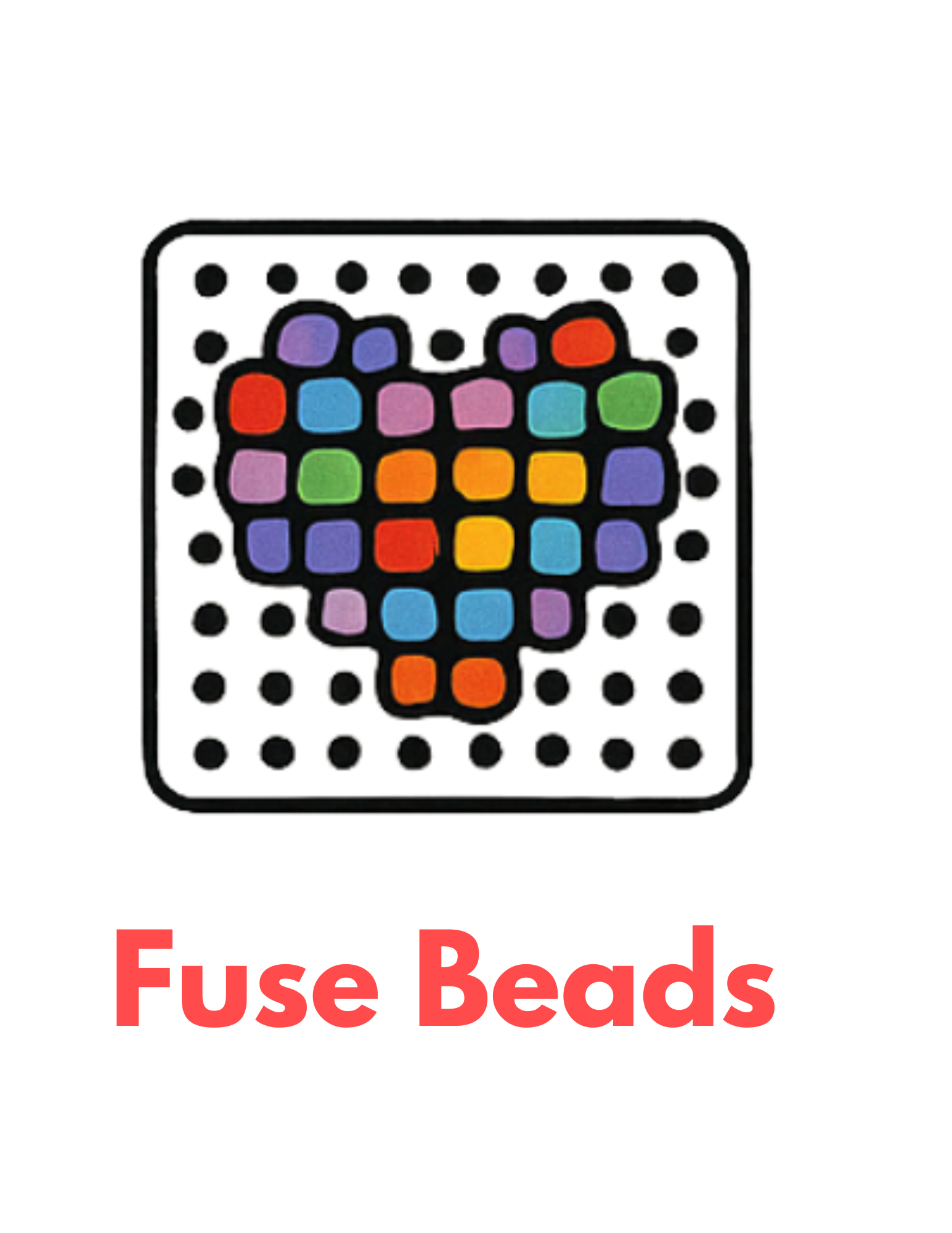 Illustration of colorful fuse beads arranged on a pegboard, with the words "Fuse Beads" in red text below.
