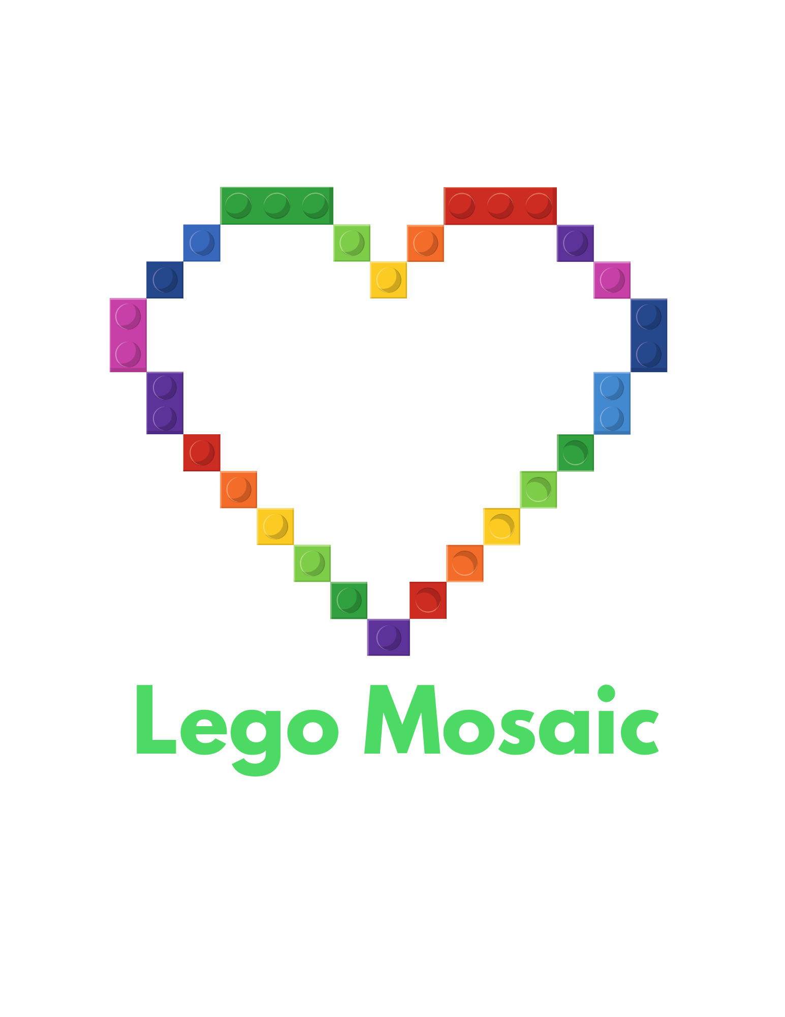 Colorful LEGO bricks arranged in the shape of a heart with the text 'Lego Mosaic' below.
