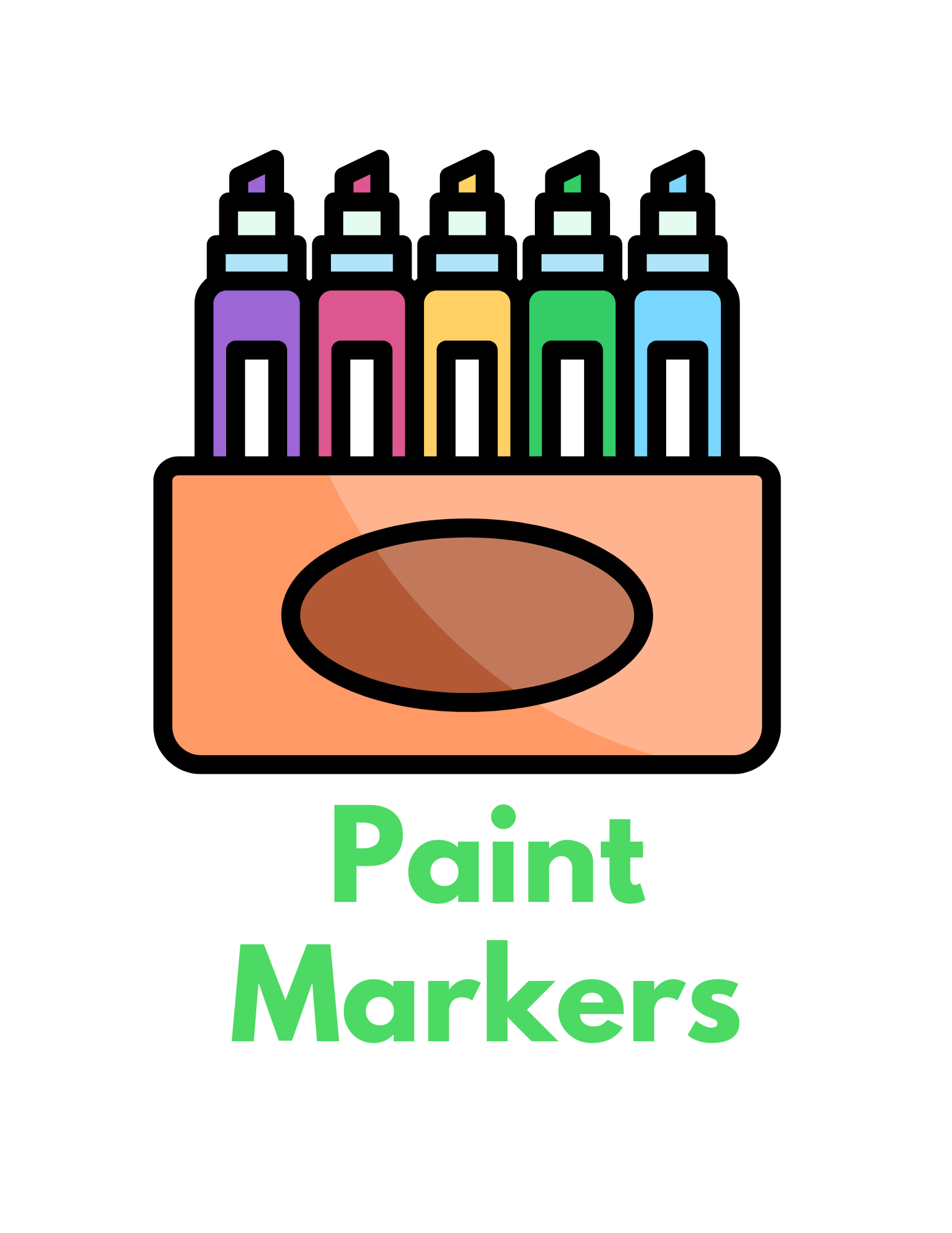 Colorful paint markers in a plastic case with the words 'Paint Markers' written in green at the bottom.