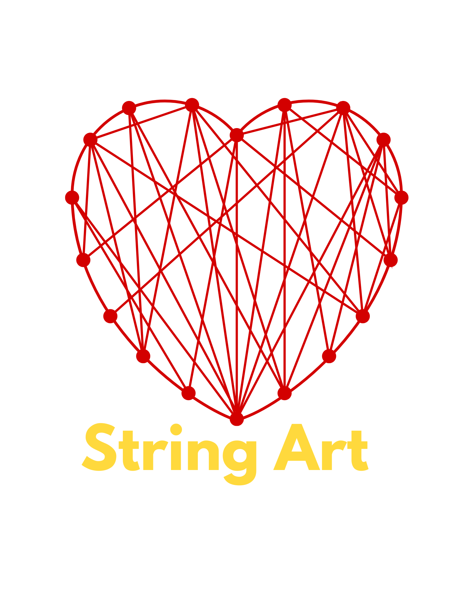 Red string art heart with interconnected lines and the text 'String Art' in yellow below.