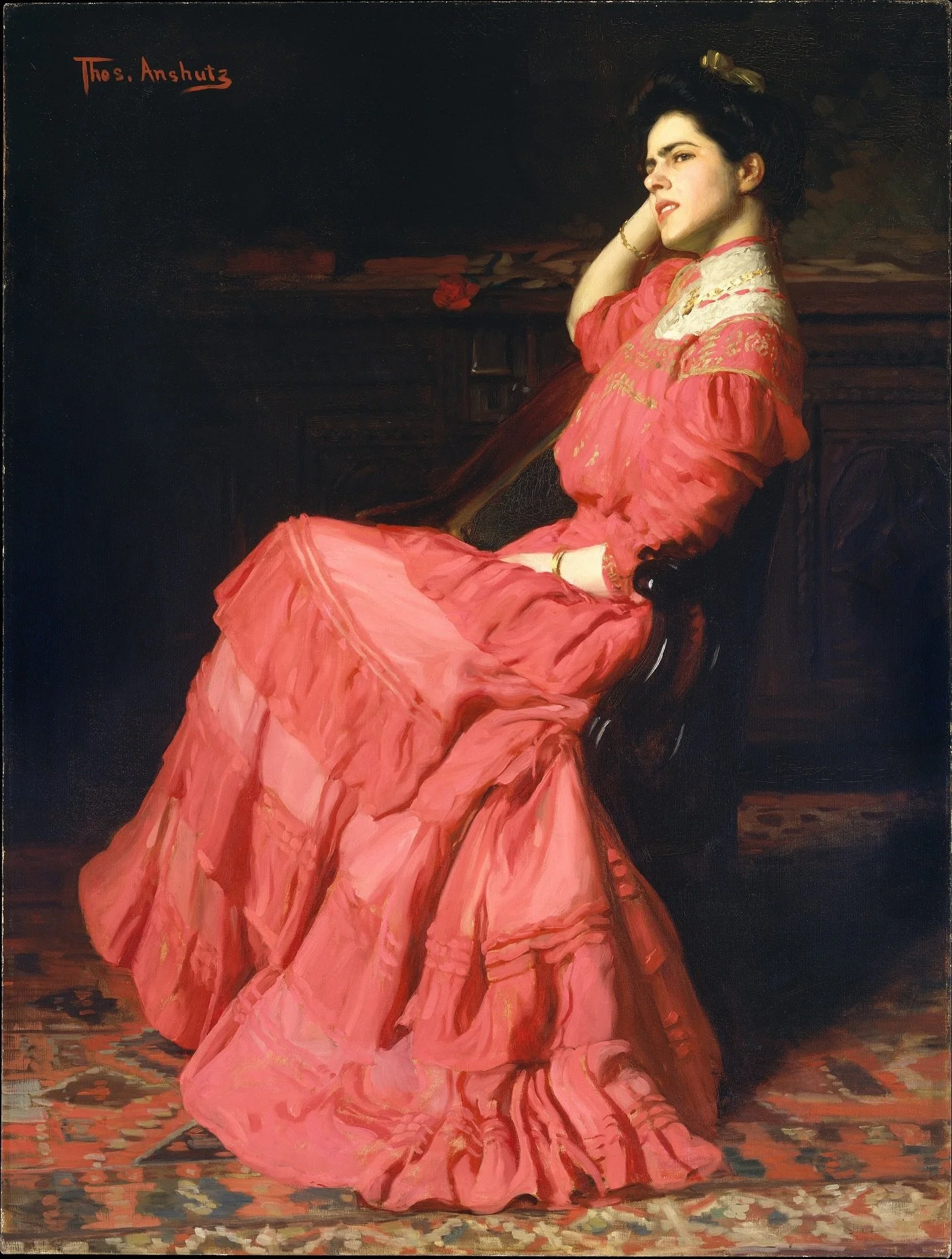 El retrato A Rose (1907) del norteamericano Thomas Pollock Anshutz fija la atenci&oacute;n en Rebecca H. Whelen, joven musa sentada con gracia natural. La delicadeza del gesto crea un instante introspectivo que se prolonga m&aacute;s all&aacute; del 