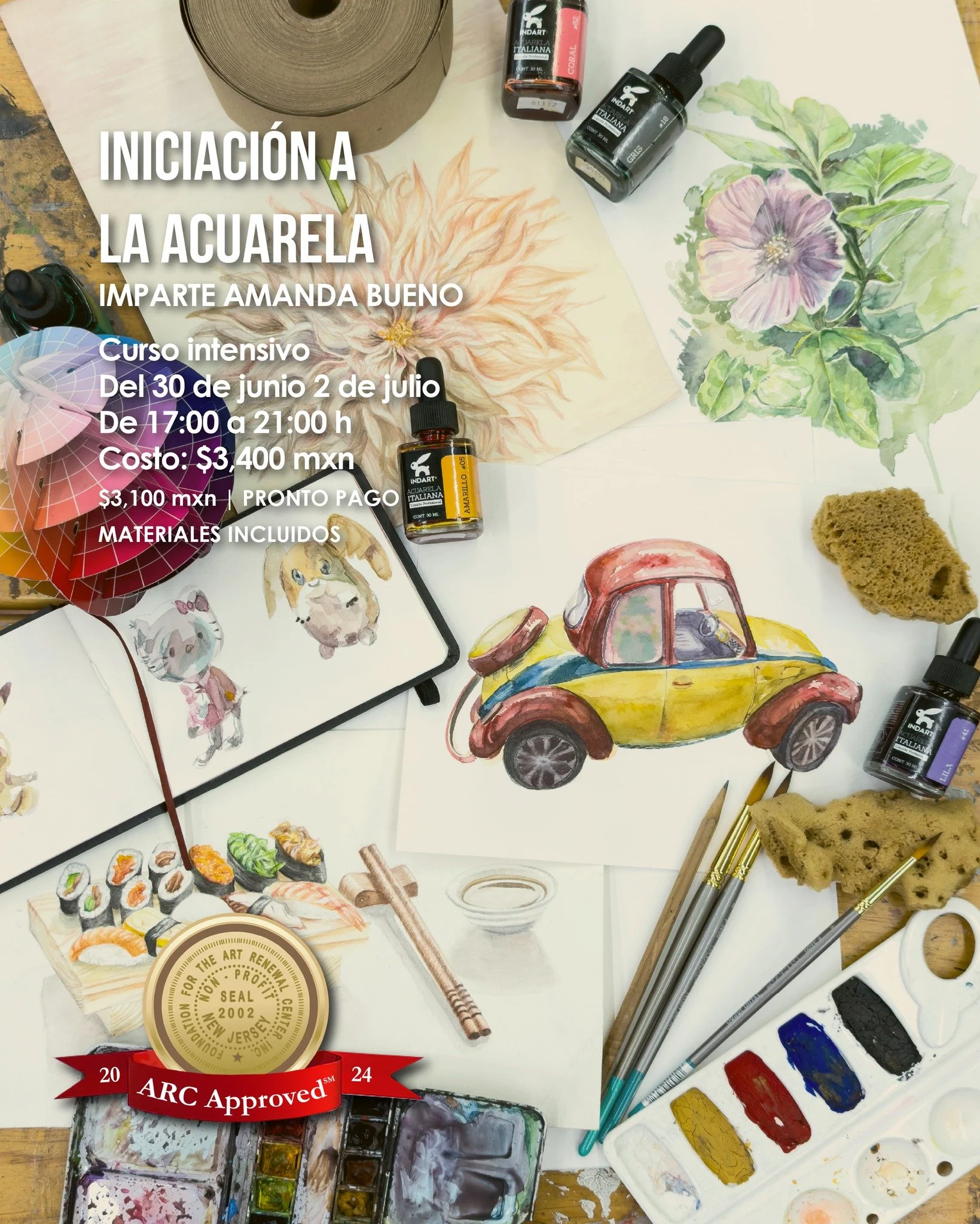 Introducci&oacute;n a la acuarela con @aaab.z 
30 de junio al 2 de julio &middot; Atelier Mesones

En este curso intensivo trabajaremos los fundamentos de la t&eacute;cnica: materiales, transparencias, capas, manejo del agua, mezcla de color, control