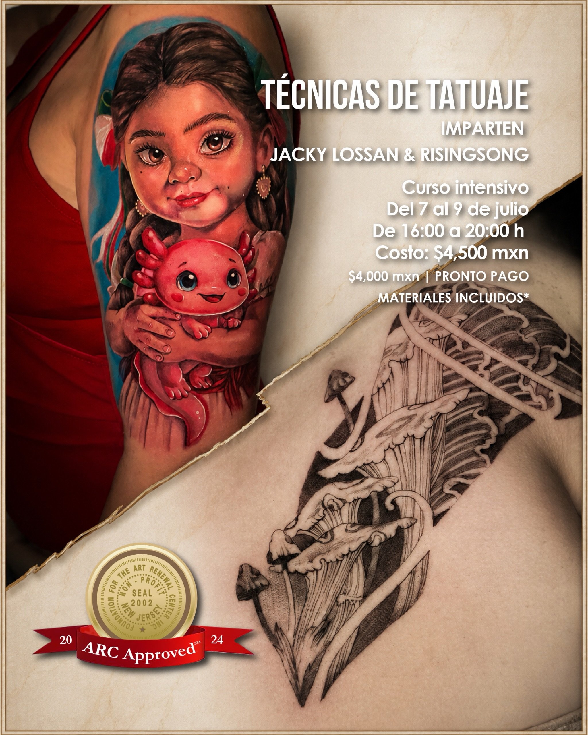T&eacute;cnicas de tatuaje
Full Color + Blackwork
con Risingsong &amp; Jacky Lossan

Un intensivo presencial para estudiar fundamentos t&eacute;cnicos, procedimiento y pr&aacute;ctica aplicada dentro del taller.

Del 7 al 9 de julio
17:00&ndash;21:00