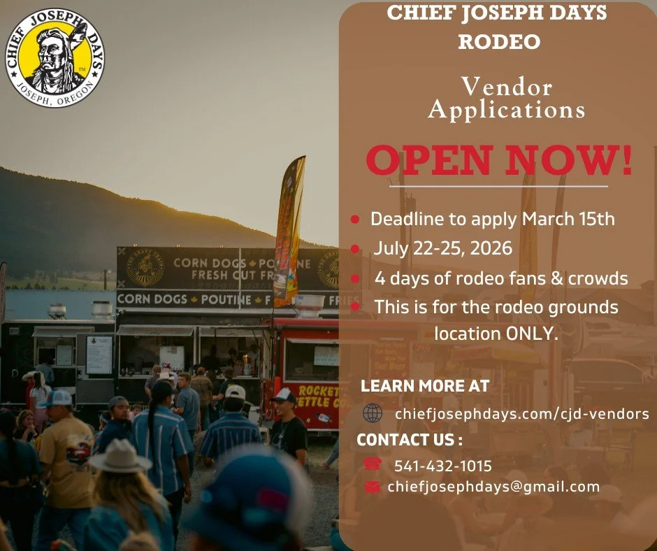 Interested in being a vendor at the 2026 Chief Joseph Days Rodeo?

This application is for vendors located on the rodeo grounds only and does not apply to downtown vendors.

July 22&ndash;25 | Joseph, Oregon
Deadline: March 15
Apply ➡️ https://www.ch