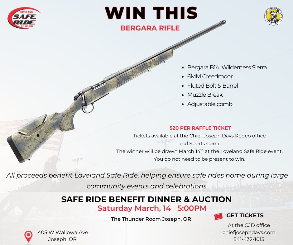 🚨 WIN THIS BERGARA B14 WILDERNESS SIERRA &ndash; 6MM CREEDMOOR 🚨

We&rsquo;re raffling off this rifle to benefit Loveland Safe Ride &mdash; the program that helps get people home safely after rodeos, games, concerts, and community celebrations.

Ra