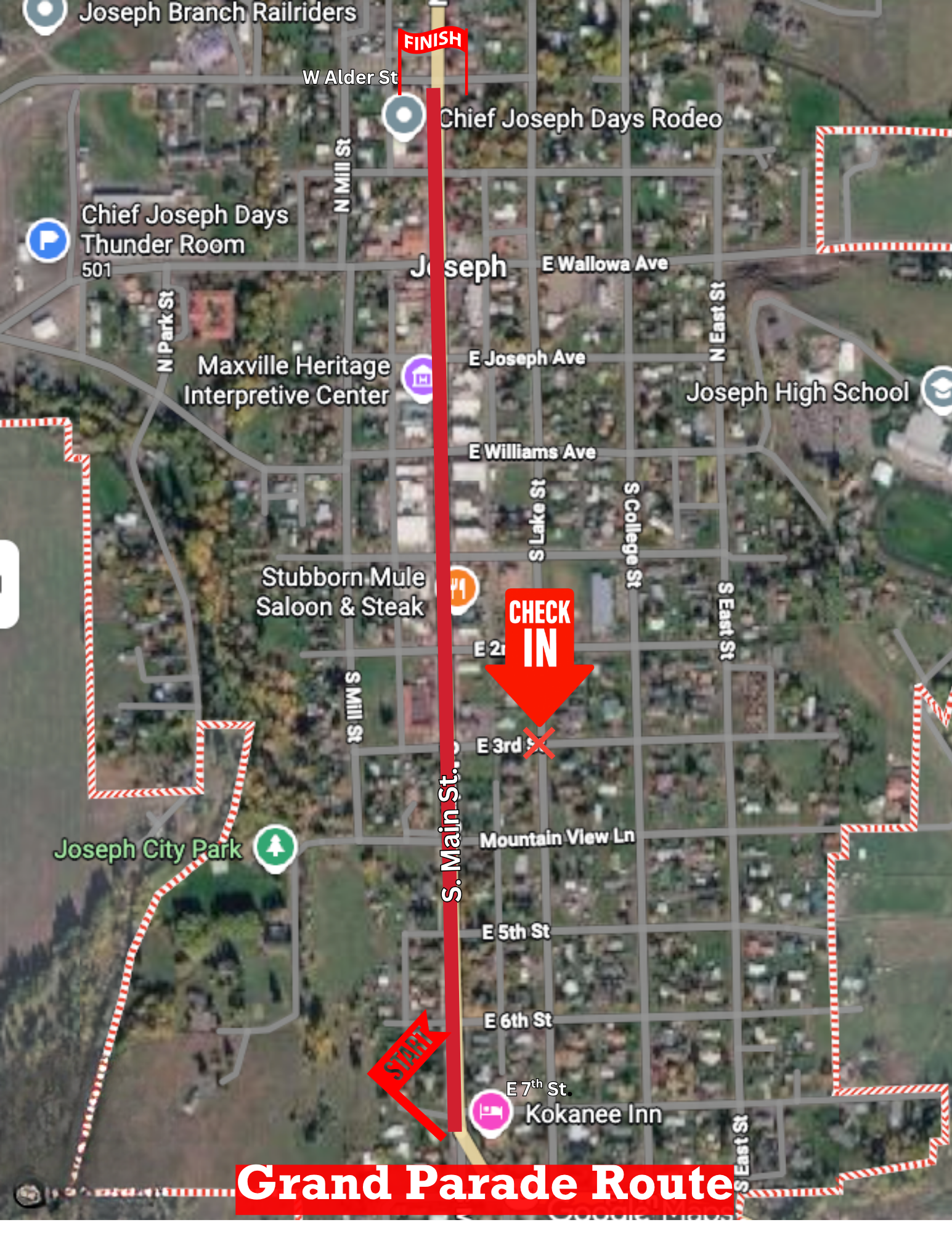 Map of a parade route in Joseph, showing start at Kokanee Inn, a check-in point near E 3rd Street, and a finish line at the Joseph Branch Railriders, with streets, landmarks, and decorations.