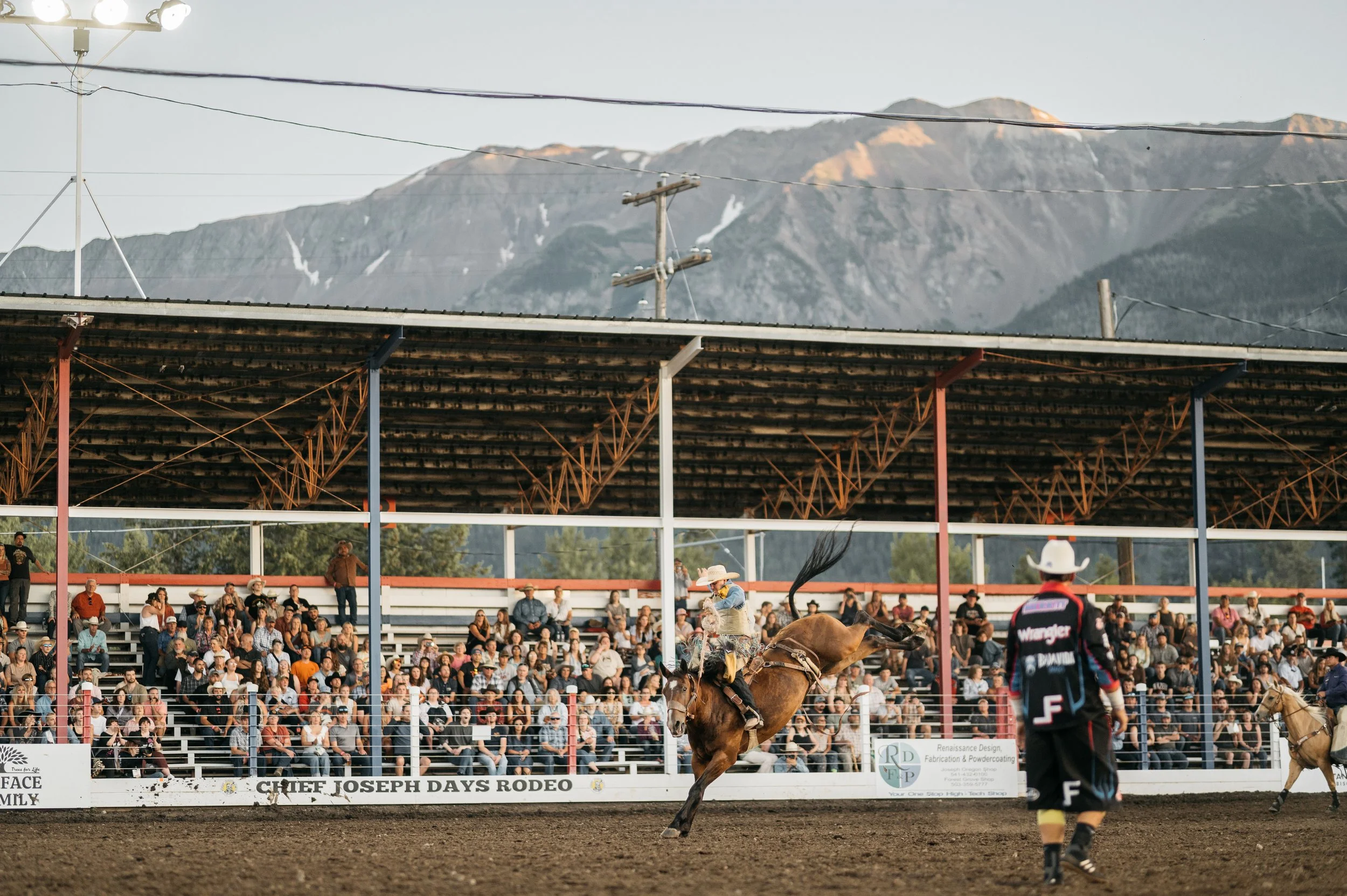 Cowboy riding a bucking horse in a rodeo event, spectators seated in the background under a roof, mountains in the distance.