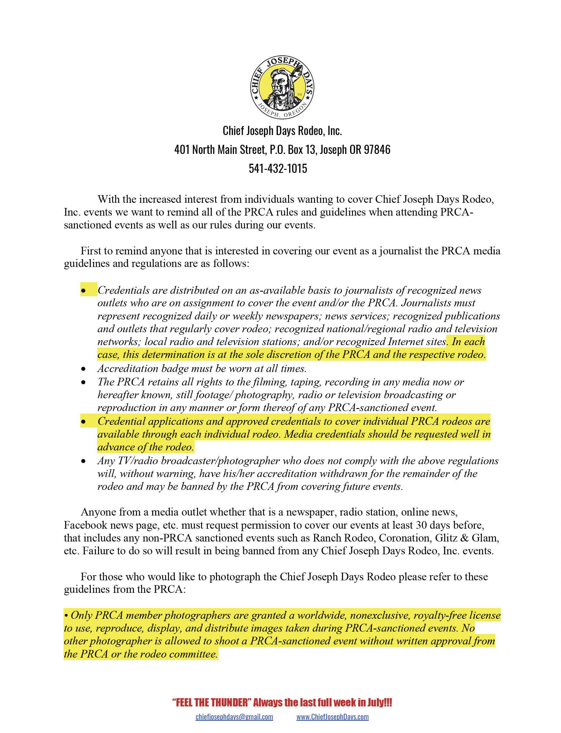 CJD Media Rules & Guidelines — Chief Joseph Days Rodeo