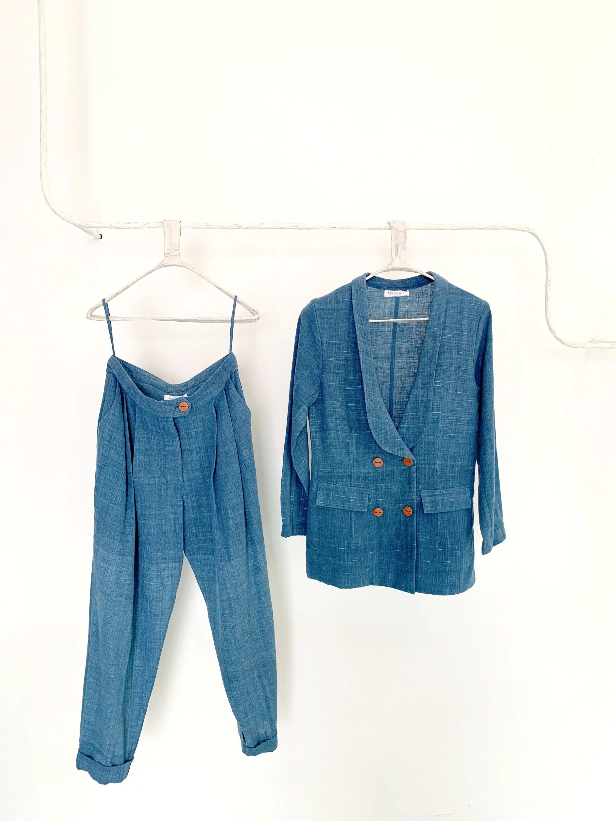 Mexchic Maria double breasted blazer indigo natural dyes hand spun hand woven regeneratively grown Oaxacan cotton, sustainable ethical design barro rojo red clay buttons jacket suit