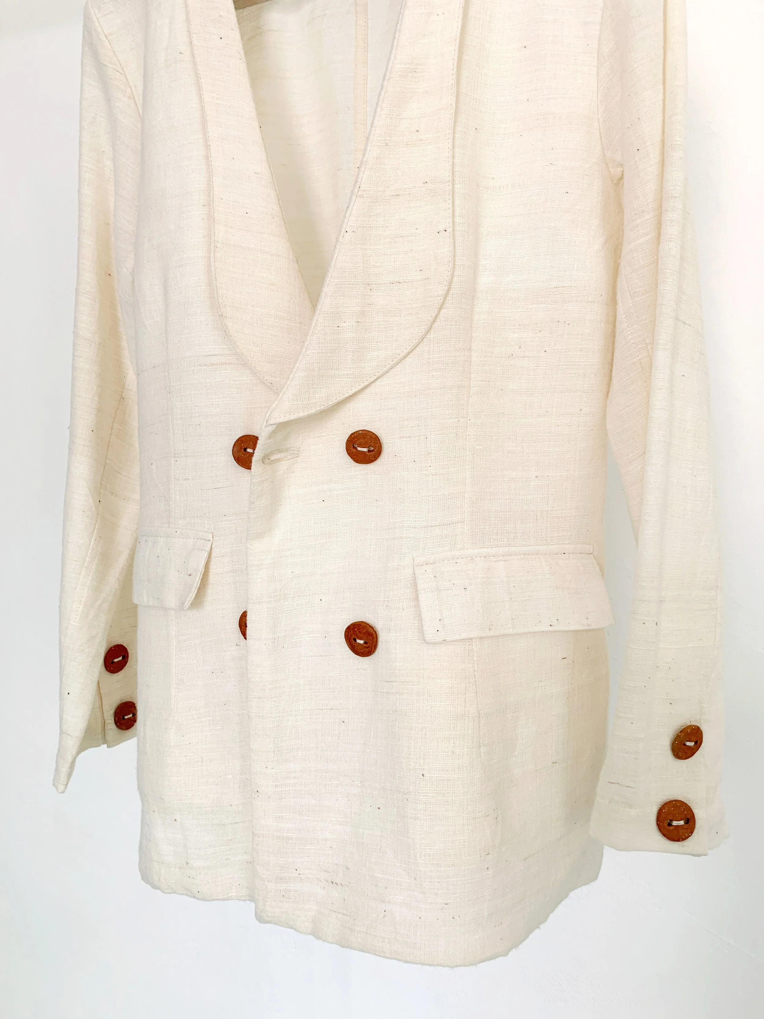 Mexchic Maria double breasted blazer indigo natural dyes hand spun hand woven regeneratively grown Oaxacan cotton, sustainable ethical design barro rojo red clay buttons jacket suit