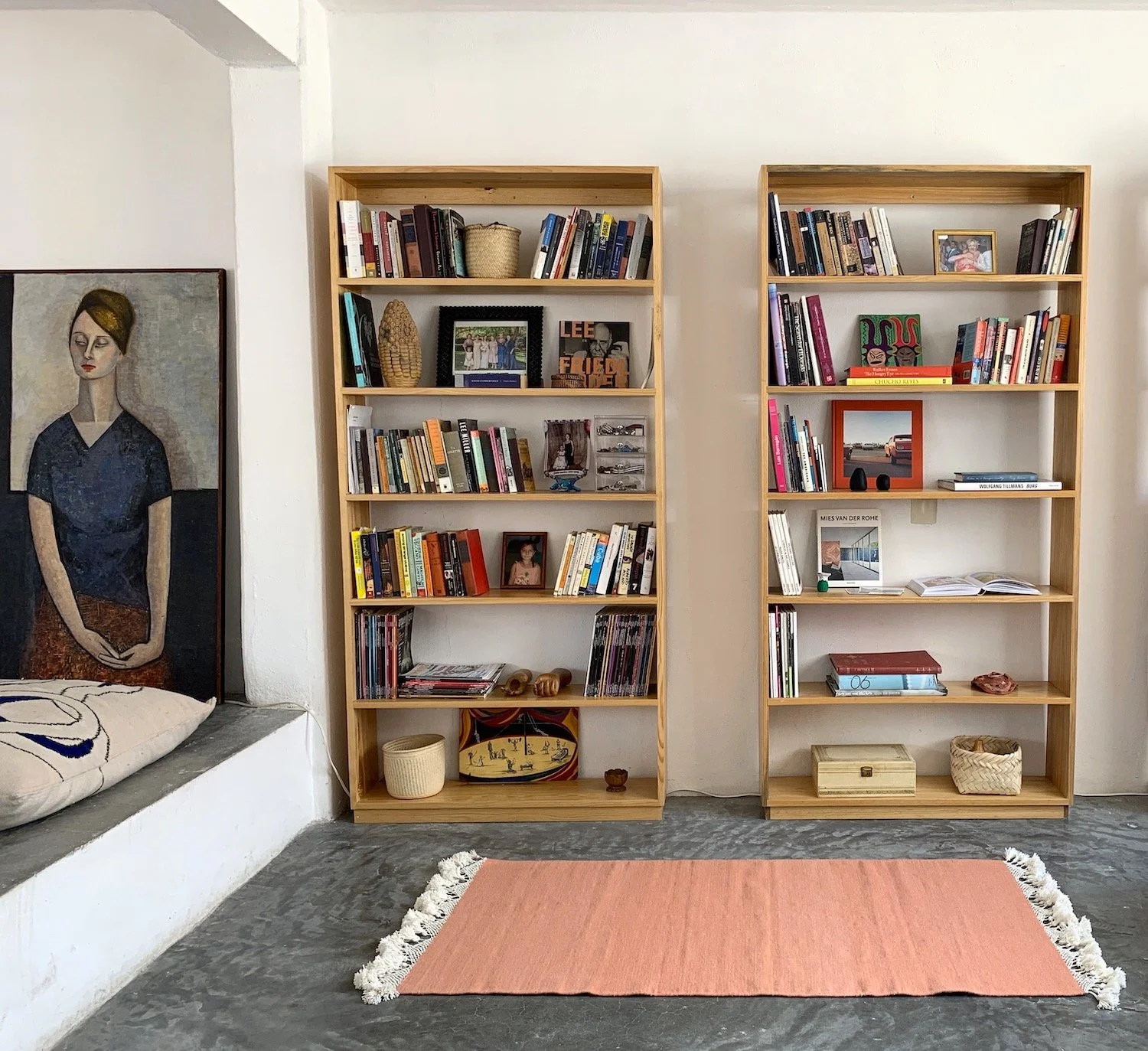 Mexchic handwoven wool rug with natural dyes and pom pom fringe made in teotitlan del valle oaxaca, the best shopping in oaxaca, guide clothing homewares boho tulum style contemporary Mexican design