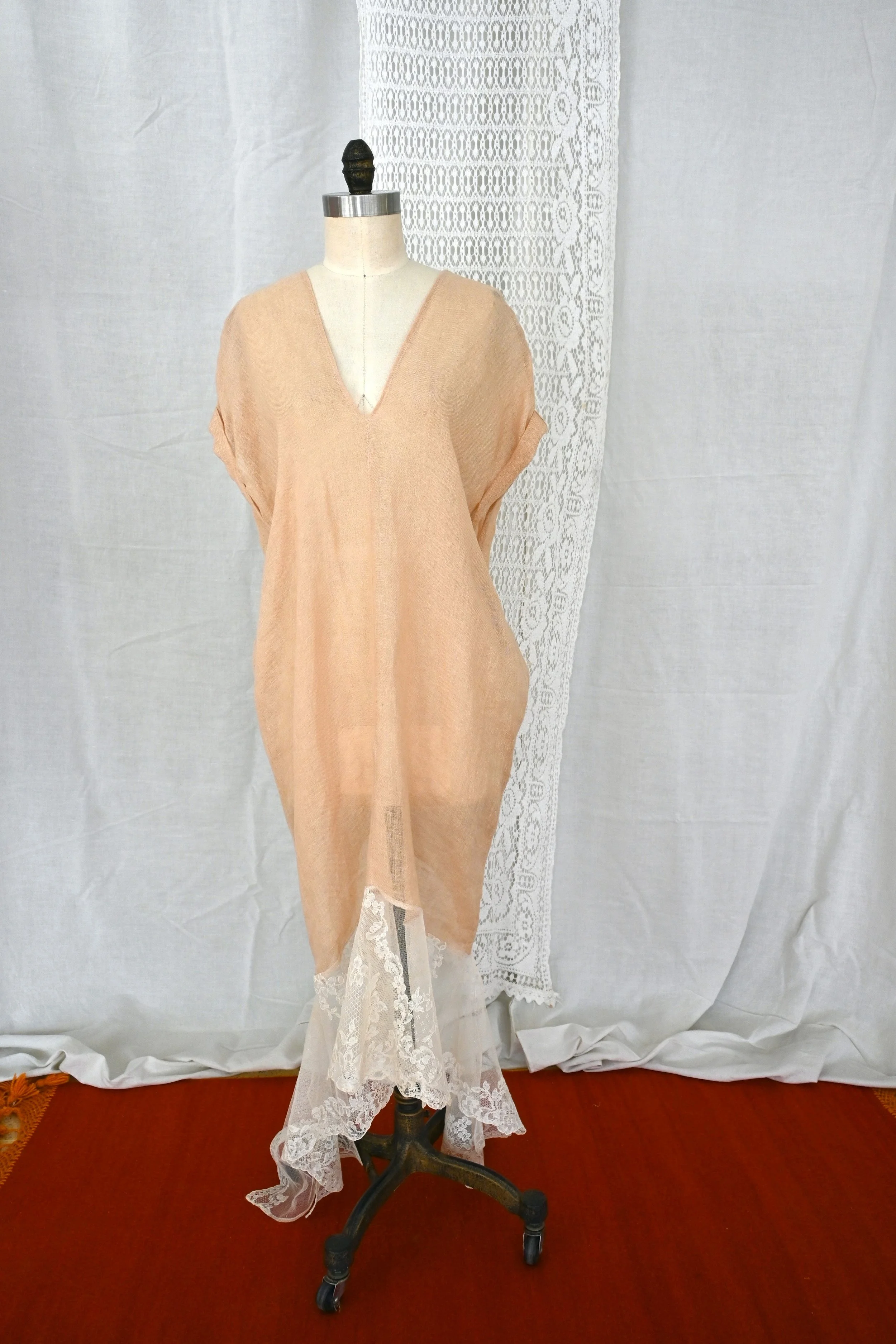 Linen Huipil Tunic Dress with Vintage Lace and Natural Dyes