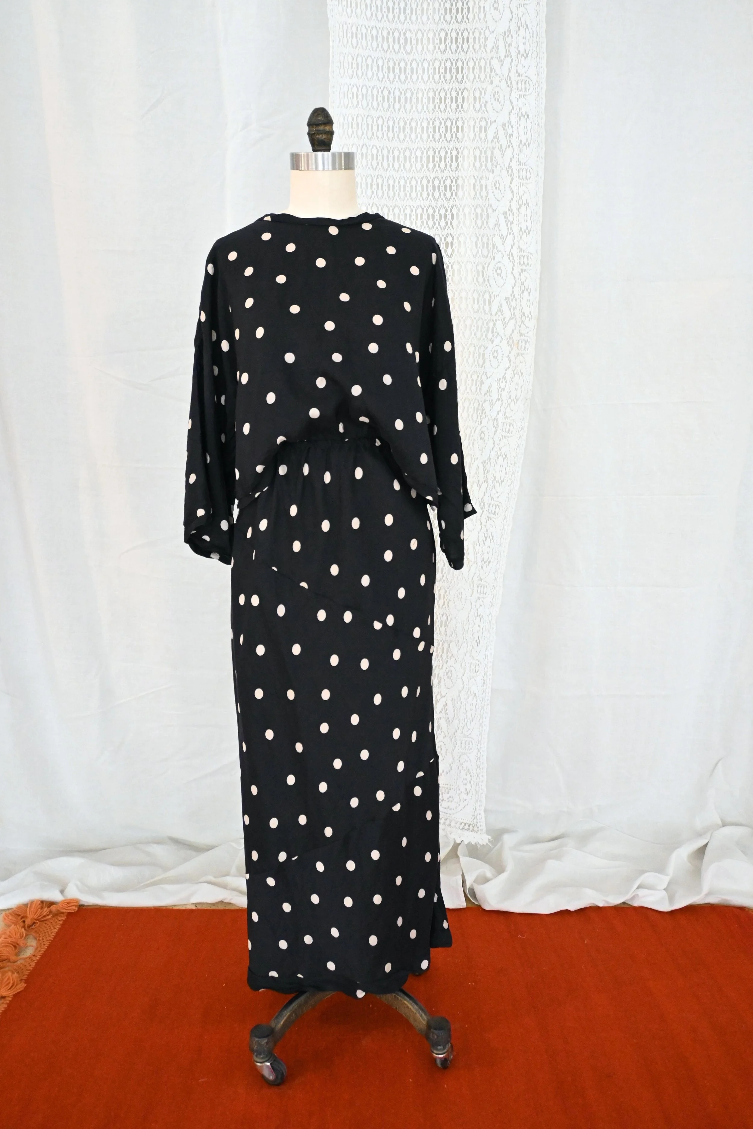 Bias Cut Skirt in Silk Navy Blue and Cream Polkadots