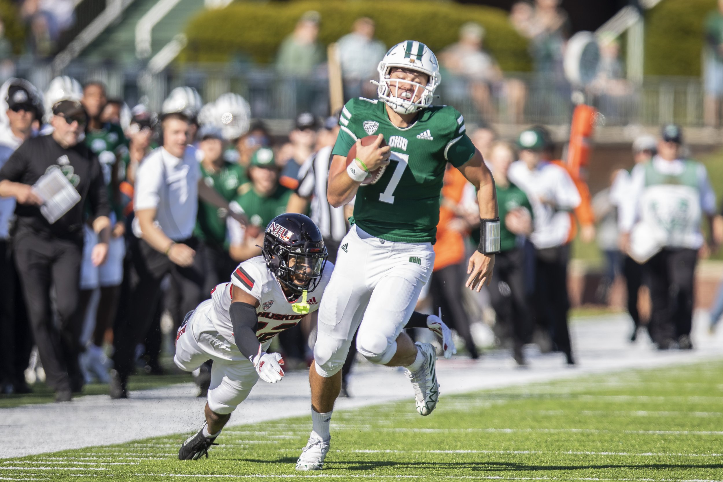 Ohio University Quarterback Kurtis Rourke (7) runs down the sideline during the Ohio University vs Northern Illinois Huskies football game on Oct. 22, 2022 in Athens, Ohio.