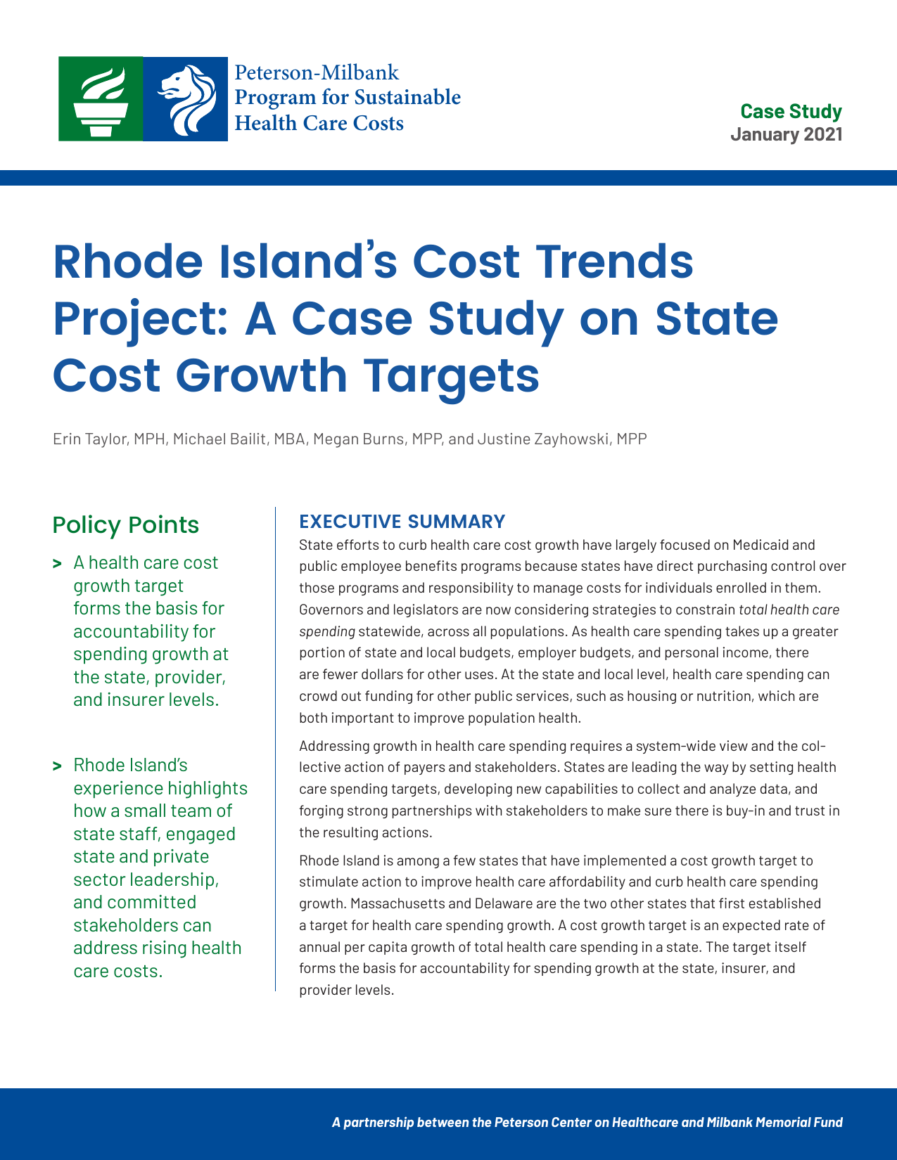 Title page of a report titled "Rhode Island's Cost Trends Project: A Case Study on State Cost Growth Targets" from Peterson-Milbank Program for Sustainable Health Care Costs, January 2021, featuring a blue and green logo with a torch and a lion.