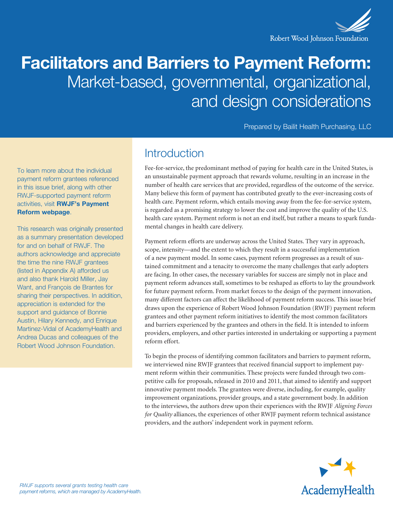 Page from a report titled 'Facilitators and Barriers to Payment Reform' prepared by Bailit Health Purchasing, LLC, with the logo of the Robert Wood Johnson Foundation at the top right and the AcademyHealth logo at the bottom right.