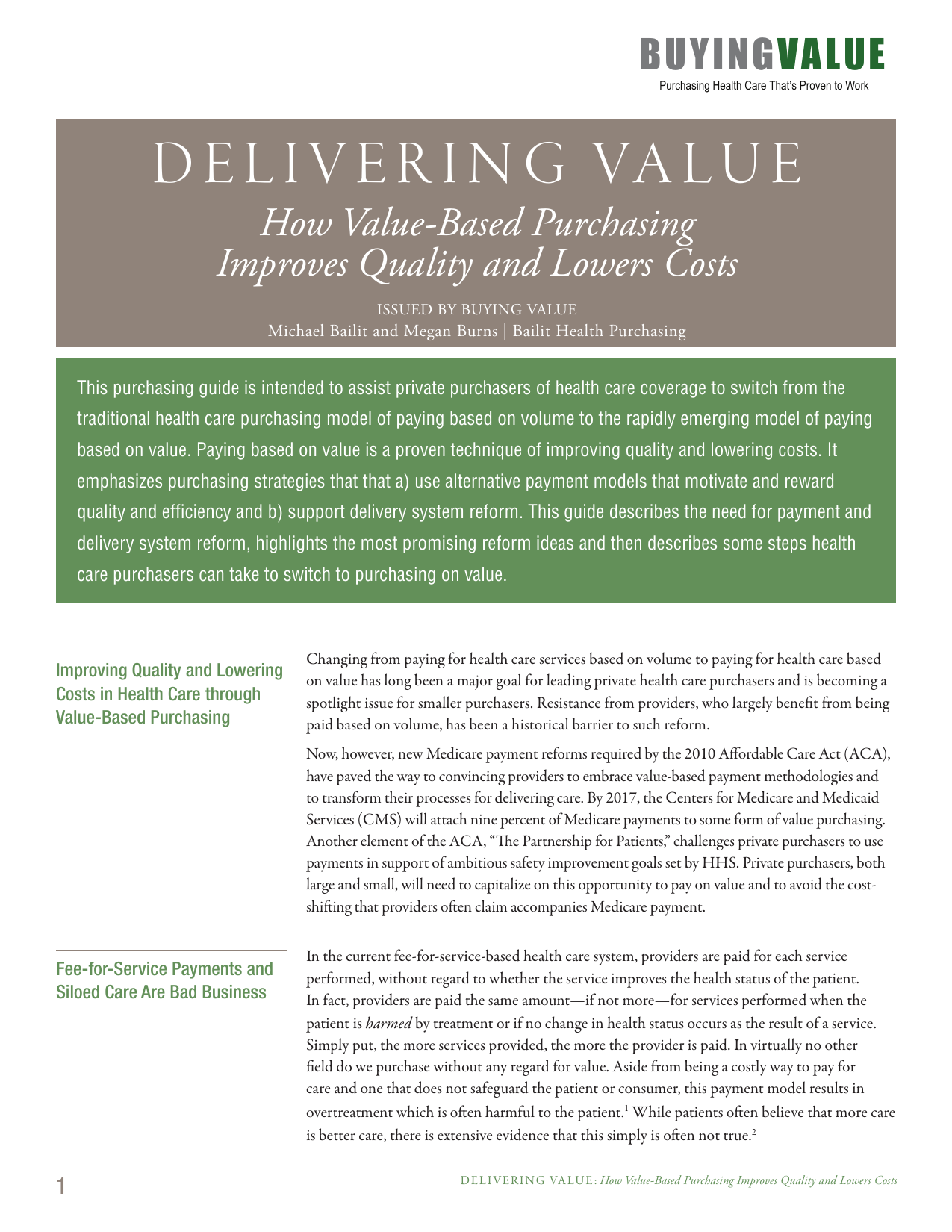 Cover page of a publication titled 'Delivering Value: How Value-Based Purchasing Improves Quality and Lowers Costs,' issued by Buying Value, with a green section explaining the guide's purpose and two article headings about healthcare purchasing reform and fee-for-service issues.