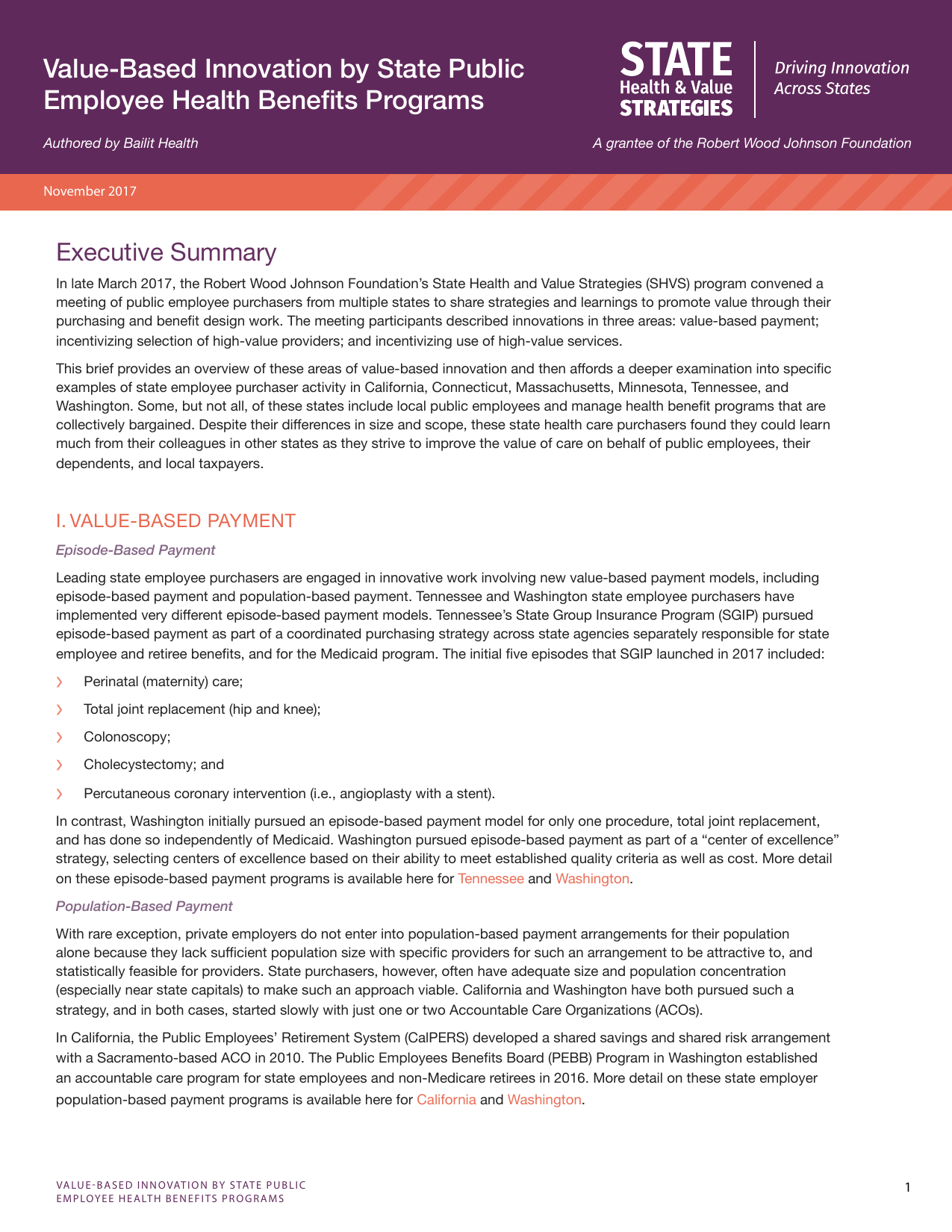 Title page of a report on state employee health benefits programs, featuring a purple header with white and orange text, and the report's executive summary.