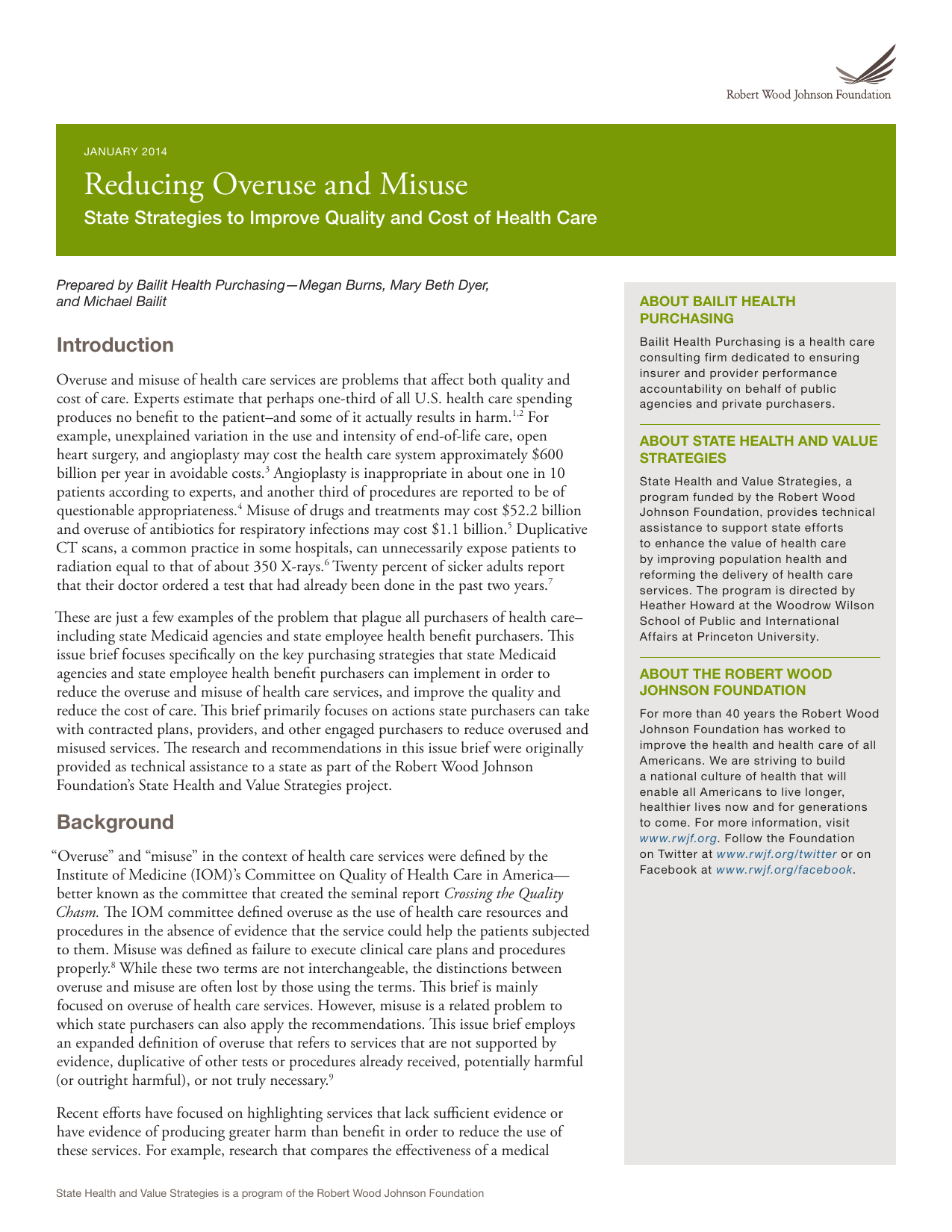 Cover page of a report titled 'Reducing Overuse and Misuse: State Strategies to Improve Quality and Cost of Healthcare,' published by the Robert Wood Johnson Foundation in January 2014, with sections describing its background and related programs.