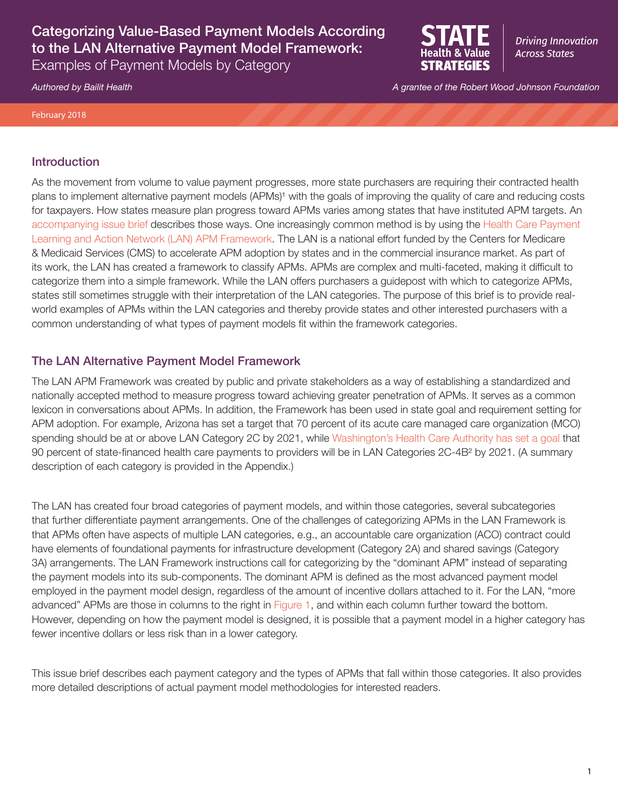 Title page of a report titled 'Categorizing Value-Based Payment Models According to the LAN Alternative Payment Model Framework' with a purple header, white text, and orange accent, authored by Bailit Health, dated February 2018, discussing payment models in healthcare.