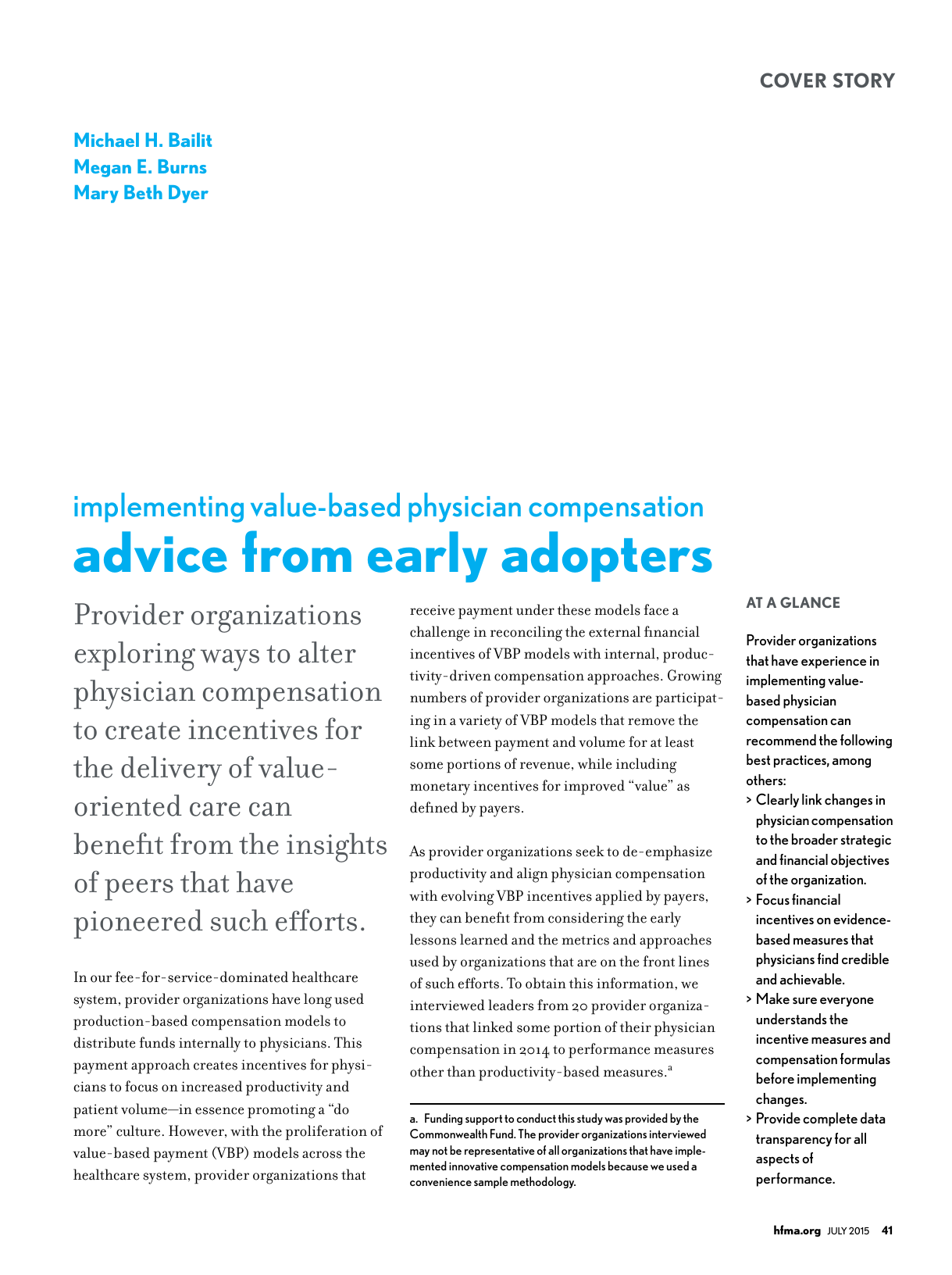 Page from a magazine featuring a cover story titled 'Advice from Early Adopters' written by Michael H. Bailit, Megan E. Burns, and Mary Beth Dyer, discussing physician compensation models and provider organization strategies.