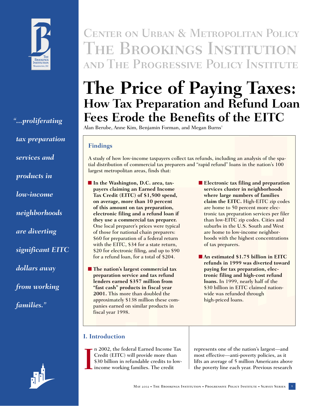 A report titled 'The Price of Paying Taxes: How Tax Preparation and Refund Loan Fees Erode the Benefits of the EITC' from the Brookings Institution, discussing low-income tax refunds, electronic tax filing, and refund loan costs, with a focus on Washington D.C., and data on tax preparation companies and refunds.