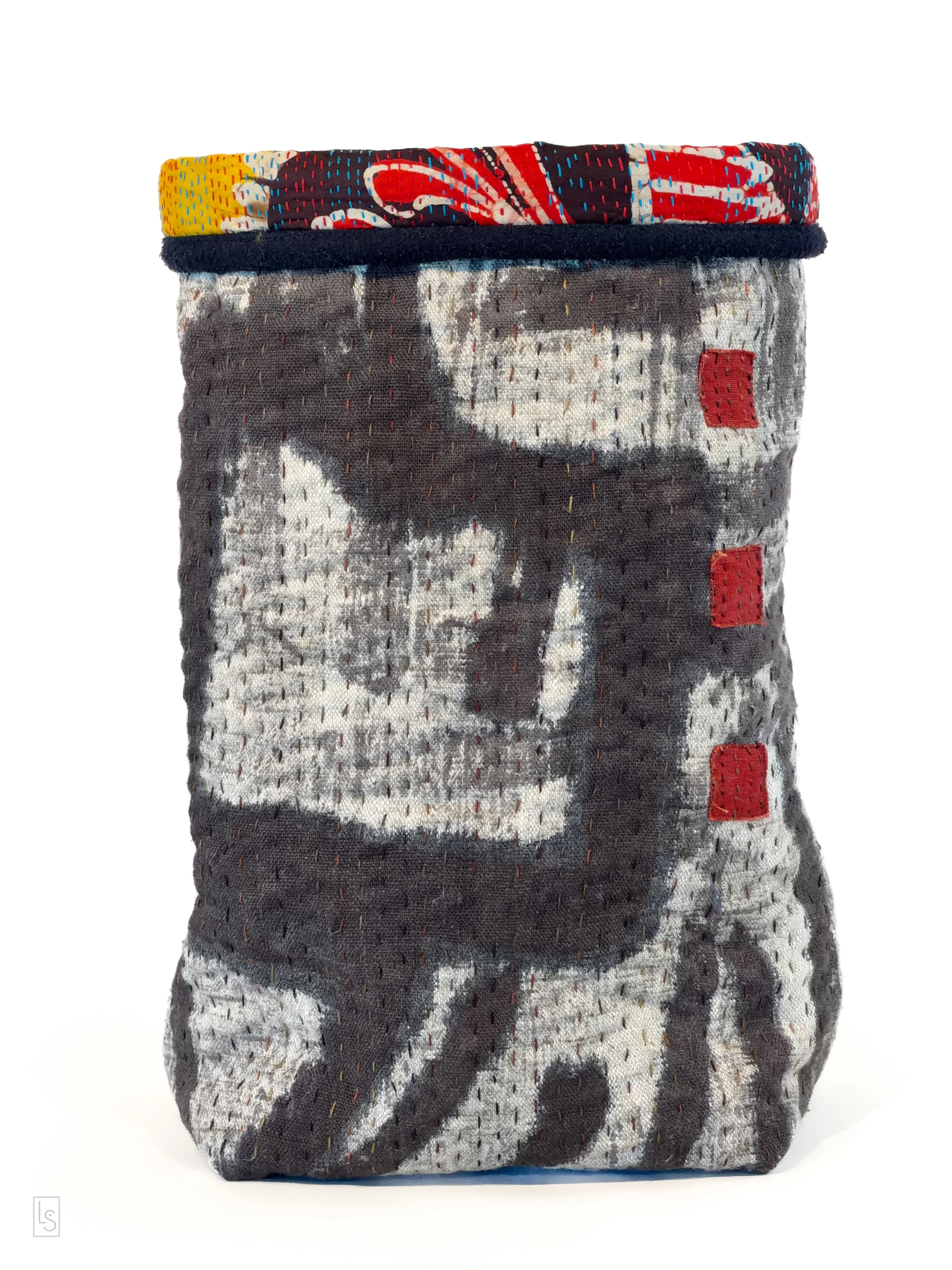 Cuboid Vessel 6  • 7.5 x 13 x 5.25" • Hand painted linen, Silk Kantha cloth  • 2026 • $180