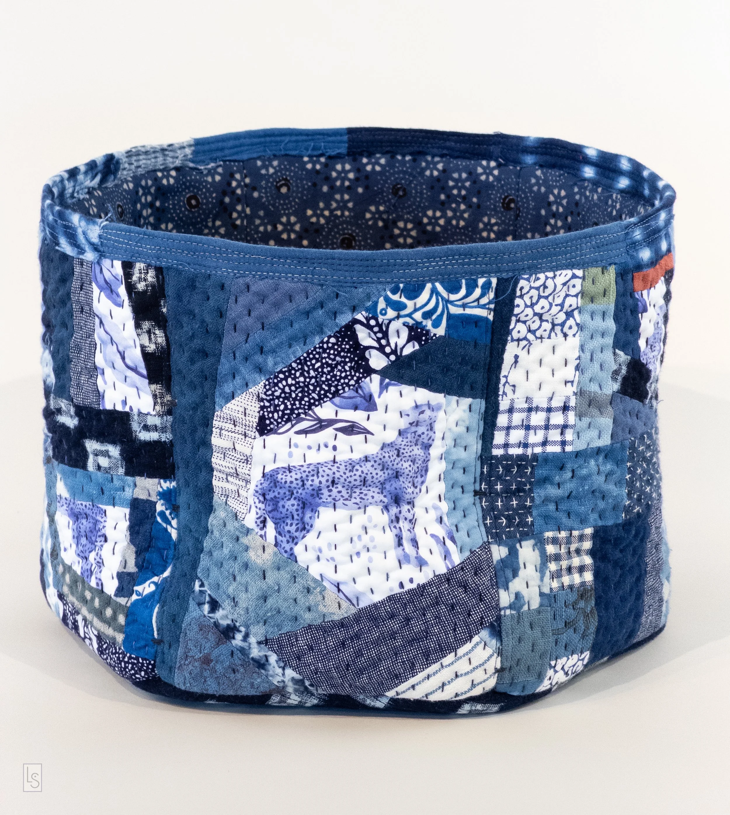 Hexagonal Vessel 3  • H: 8" Dia: 11" • Indigo cotton & linen  • 2026 • $175