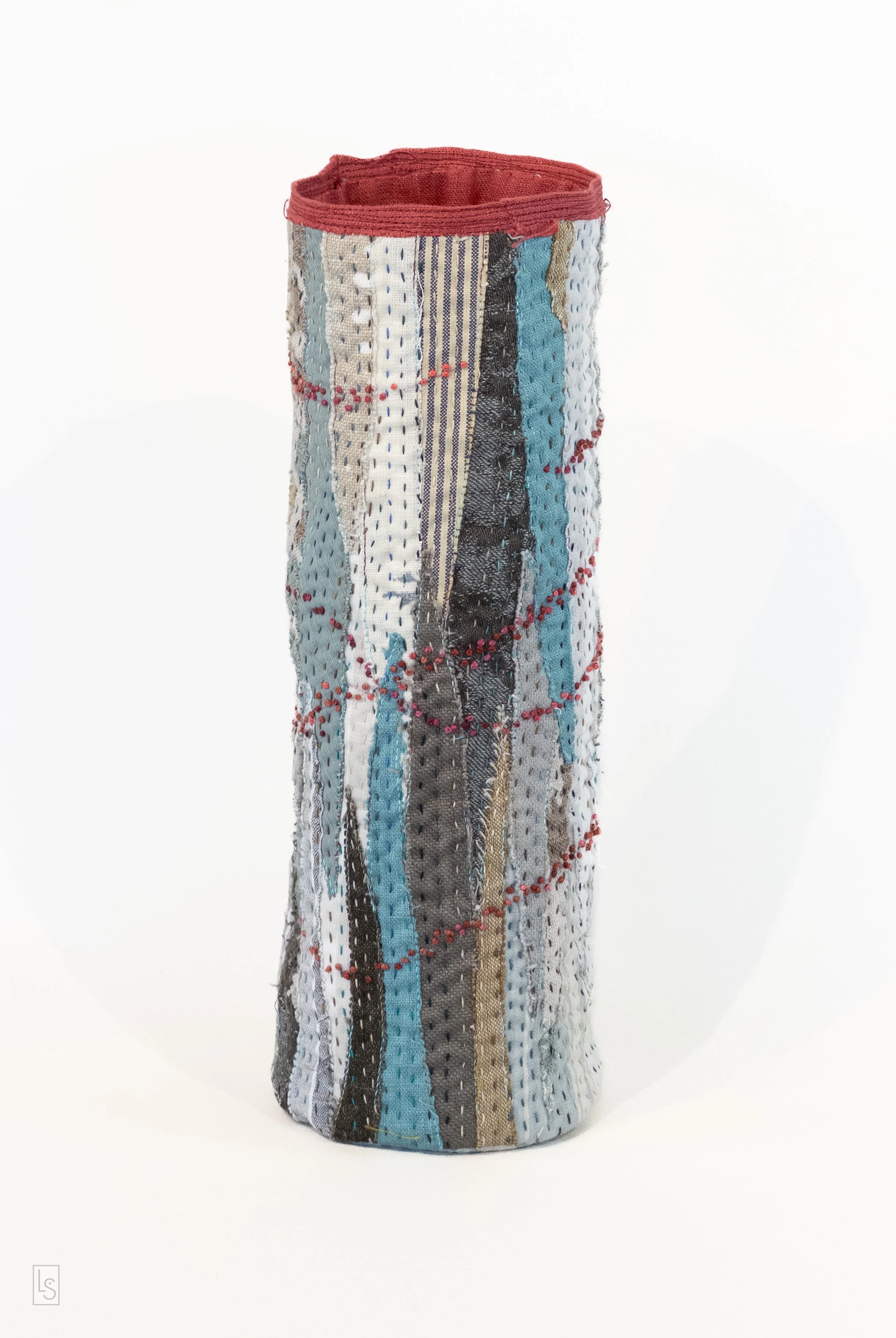 Cylindrical Vessel 5  • H: 11.75" Dia: 4" • Upcycled  linens  • 2026 • $95