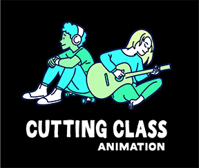 Two children sitting on the floor, one listening to headphones and the other playing an acoustic guitar, with the words 'Cutting Class Animation' below.