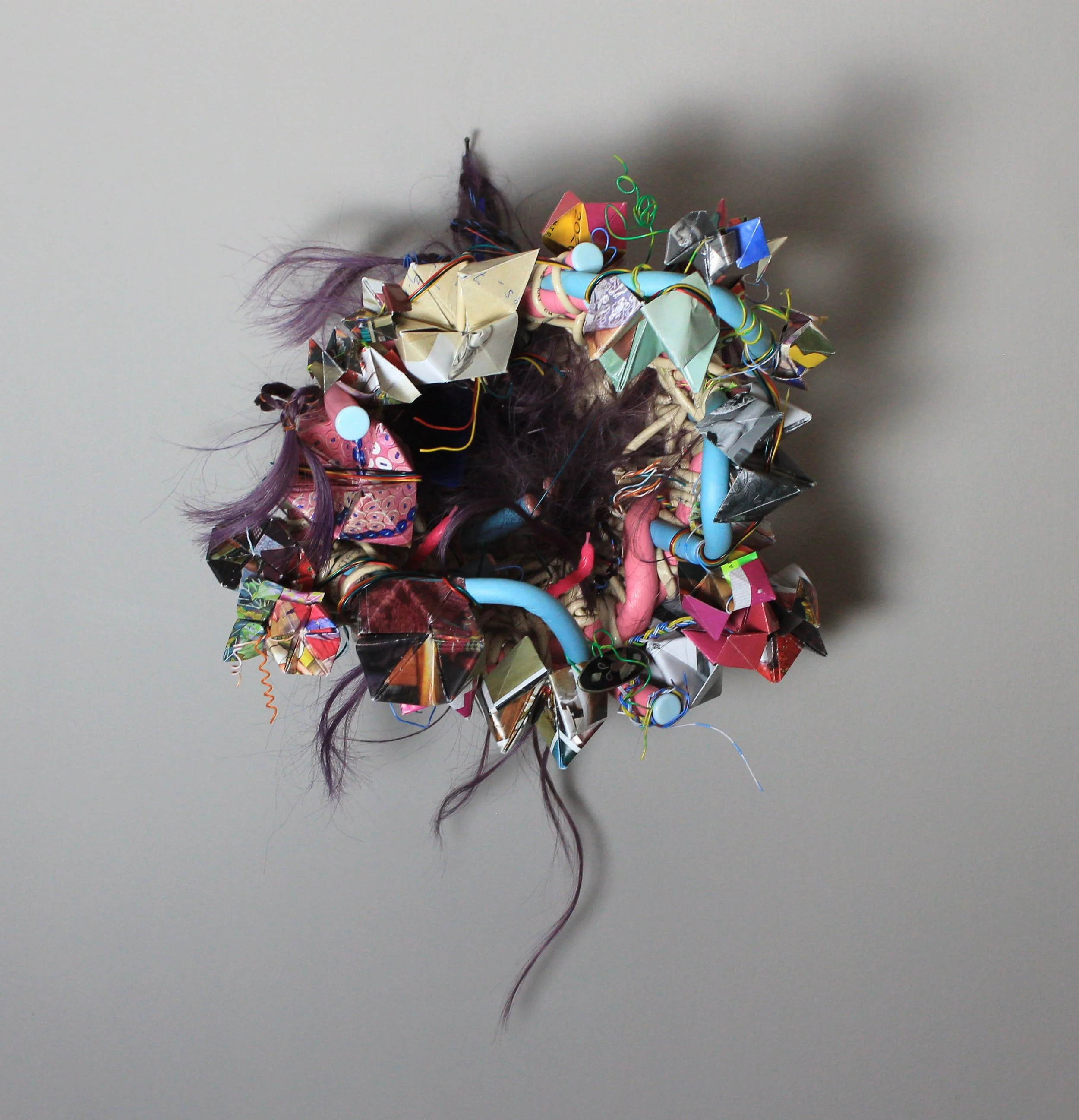 Ode to Big Sister, hair rollers, synthetic hair, magazine pages, comb, telephone wire, 16X12X12"