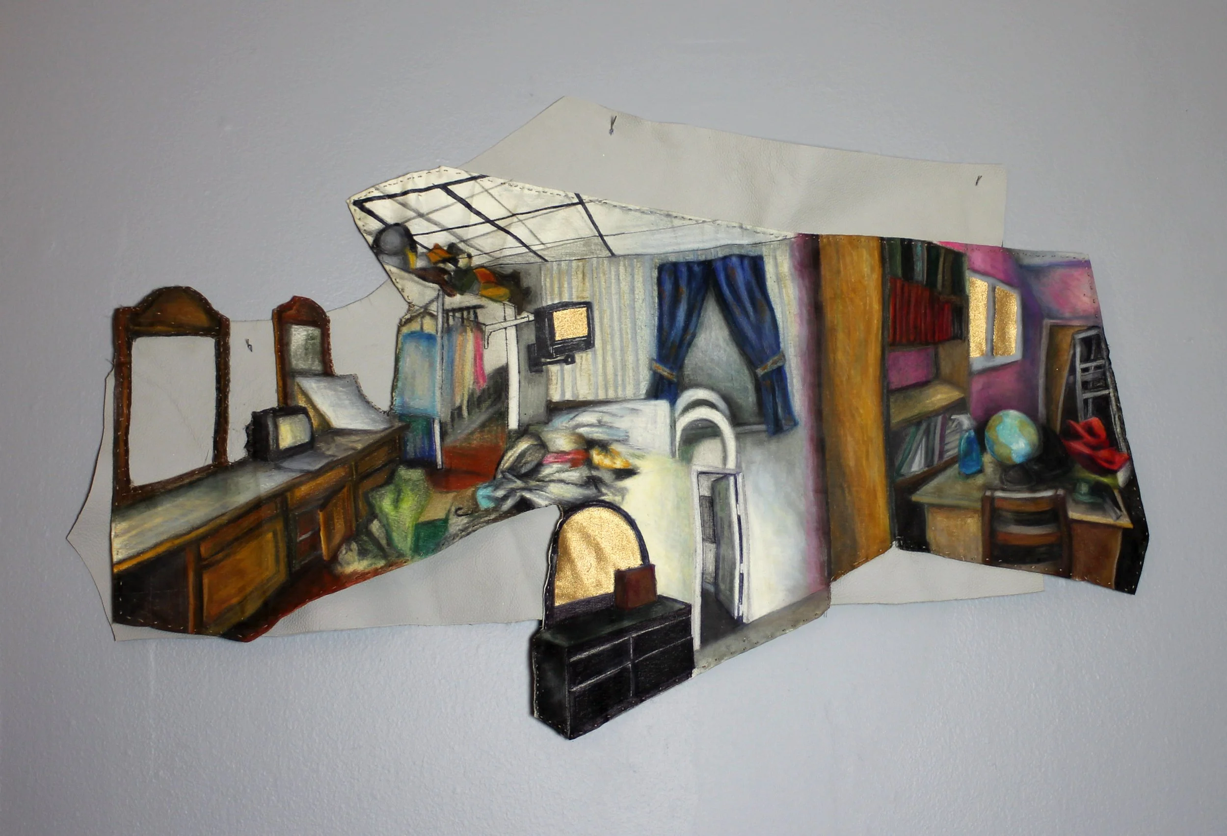 Home Alone, 29"X17", Oil Pastel, ink, gold dust, and thread on cotton mounted to leather