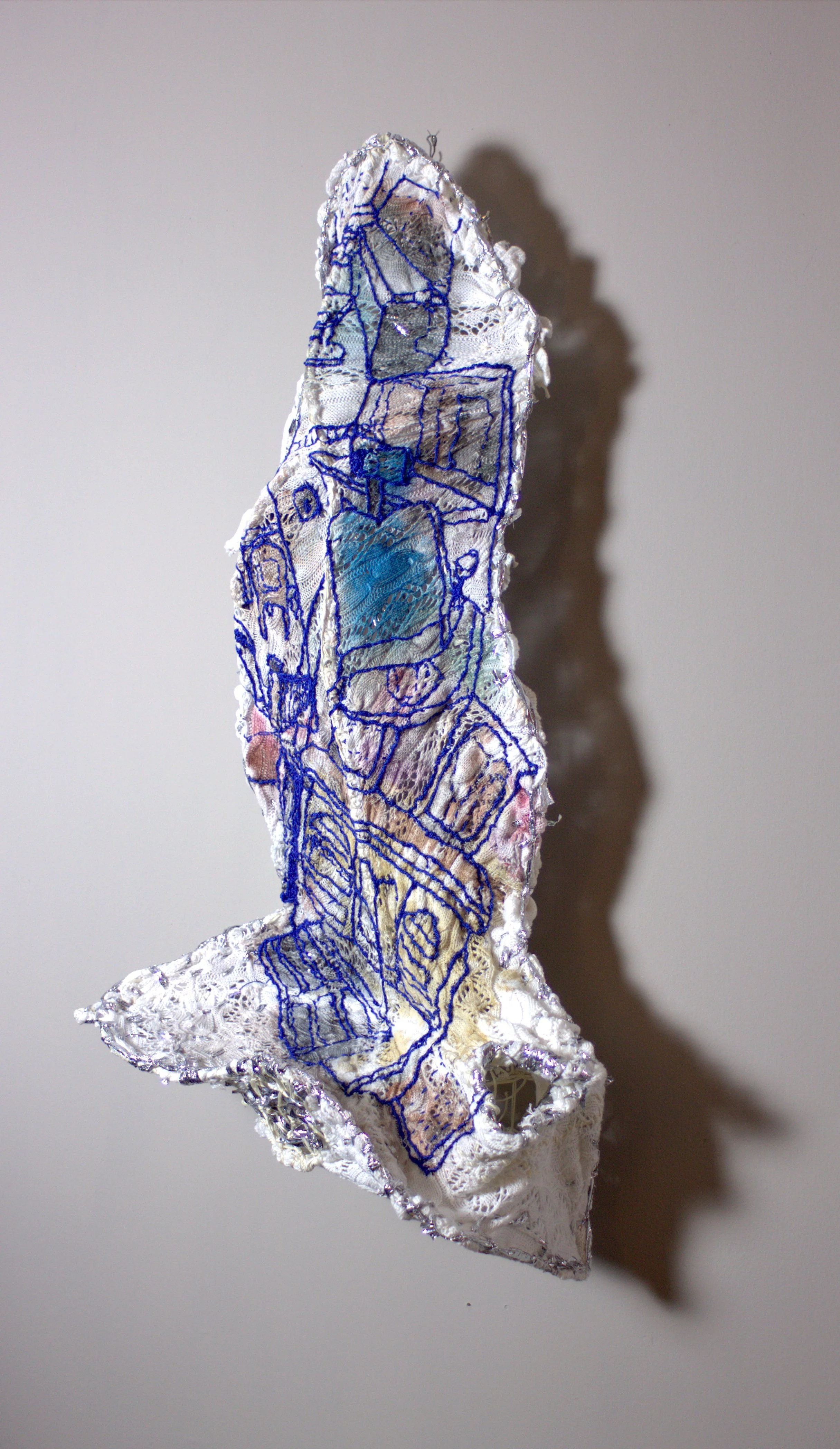 Specchio, Specchio, lace, watercolor, mylar, thread, and wire, 17X30X10"  
