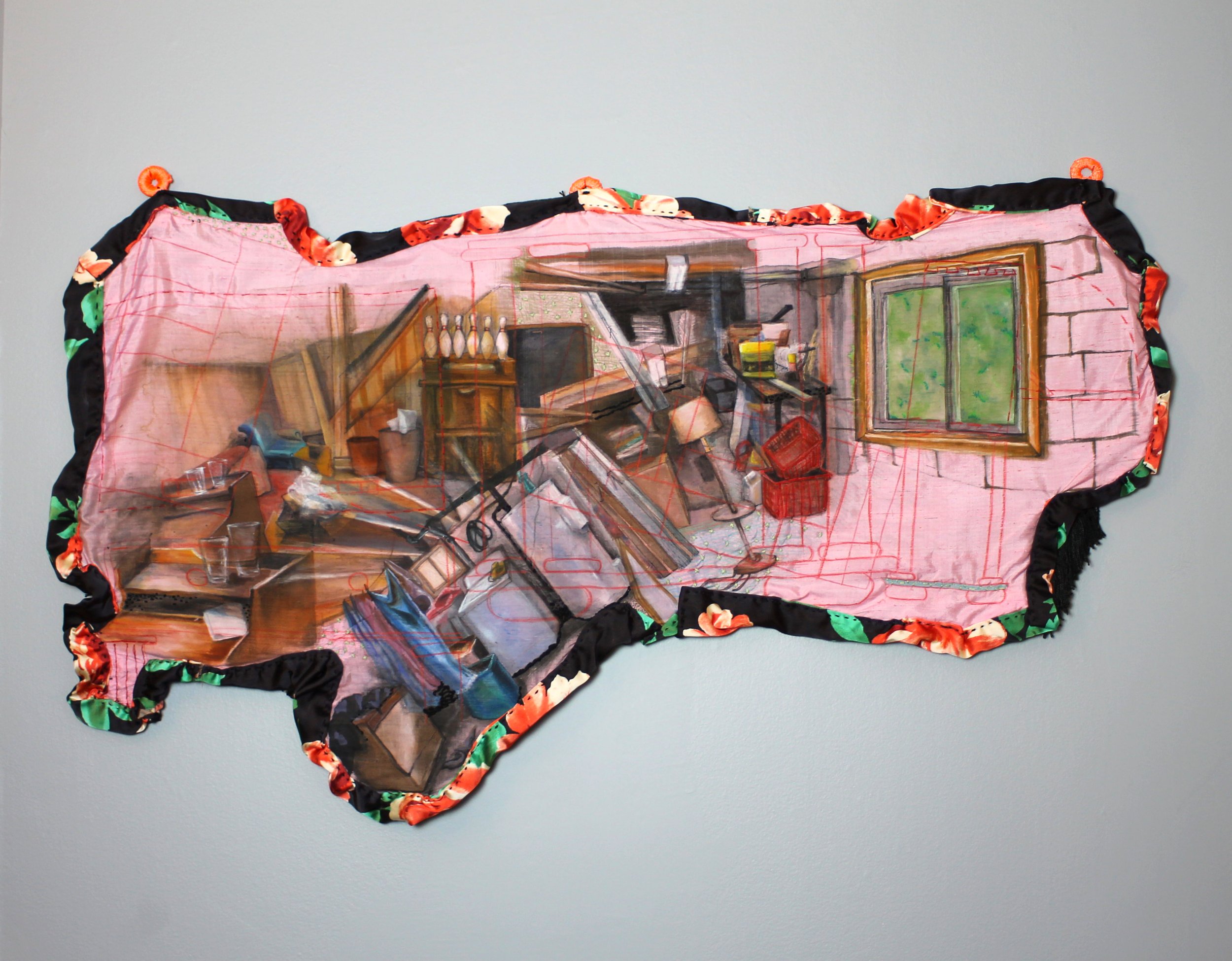 The Hoarder's Swan Song, dye, ink, and embroidery on satin, 37"X20"