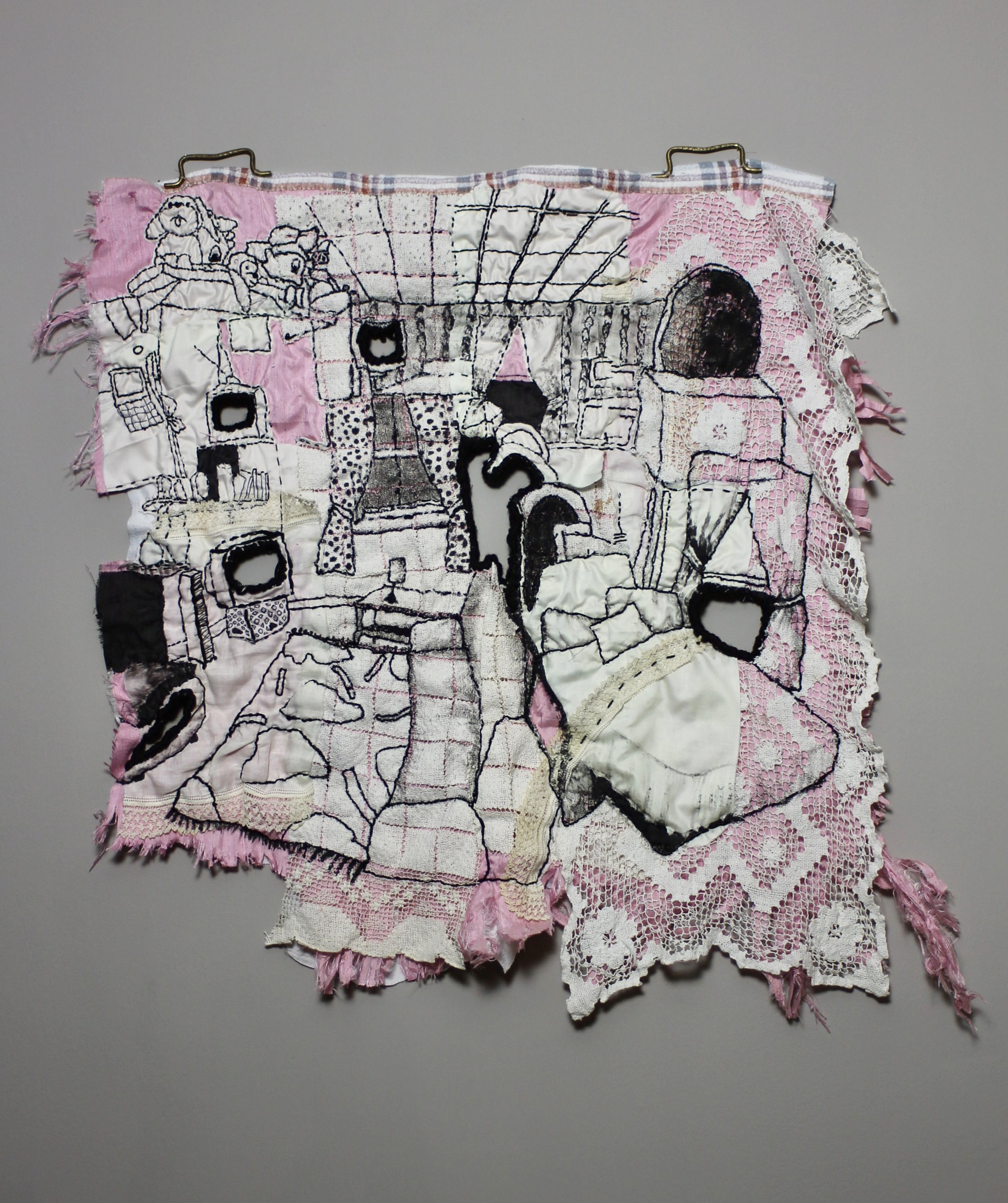Get That Kid a Deadbolt, 27X29", acrylic, thread, cord, and yarn on cotton lace backed with satin and flannel