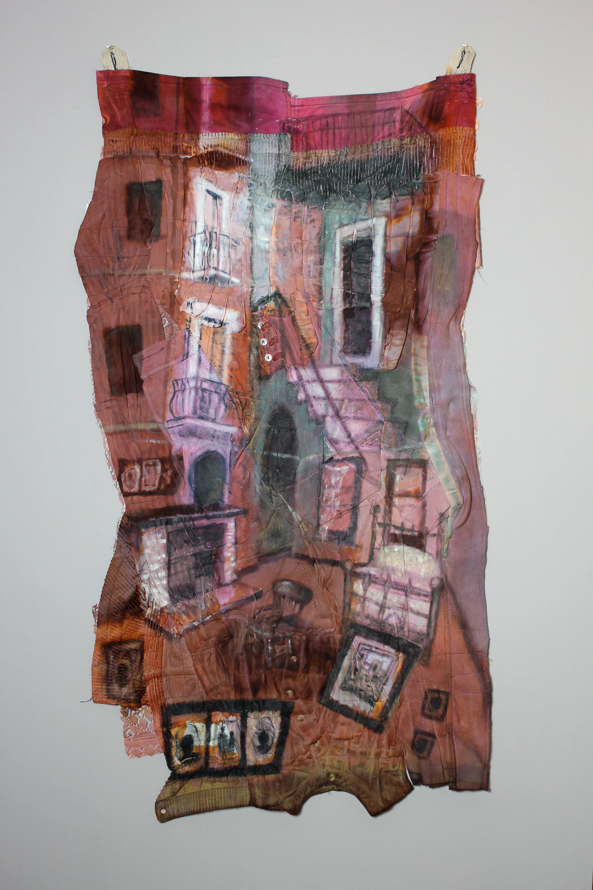 It Was Never Under the Skin, It Was the Skin Itself, clothing, oil pastel, and ink, 26X49"