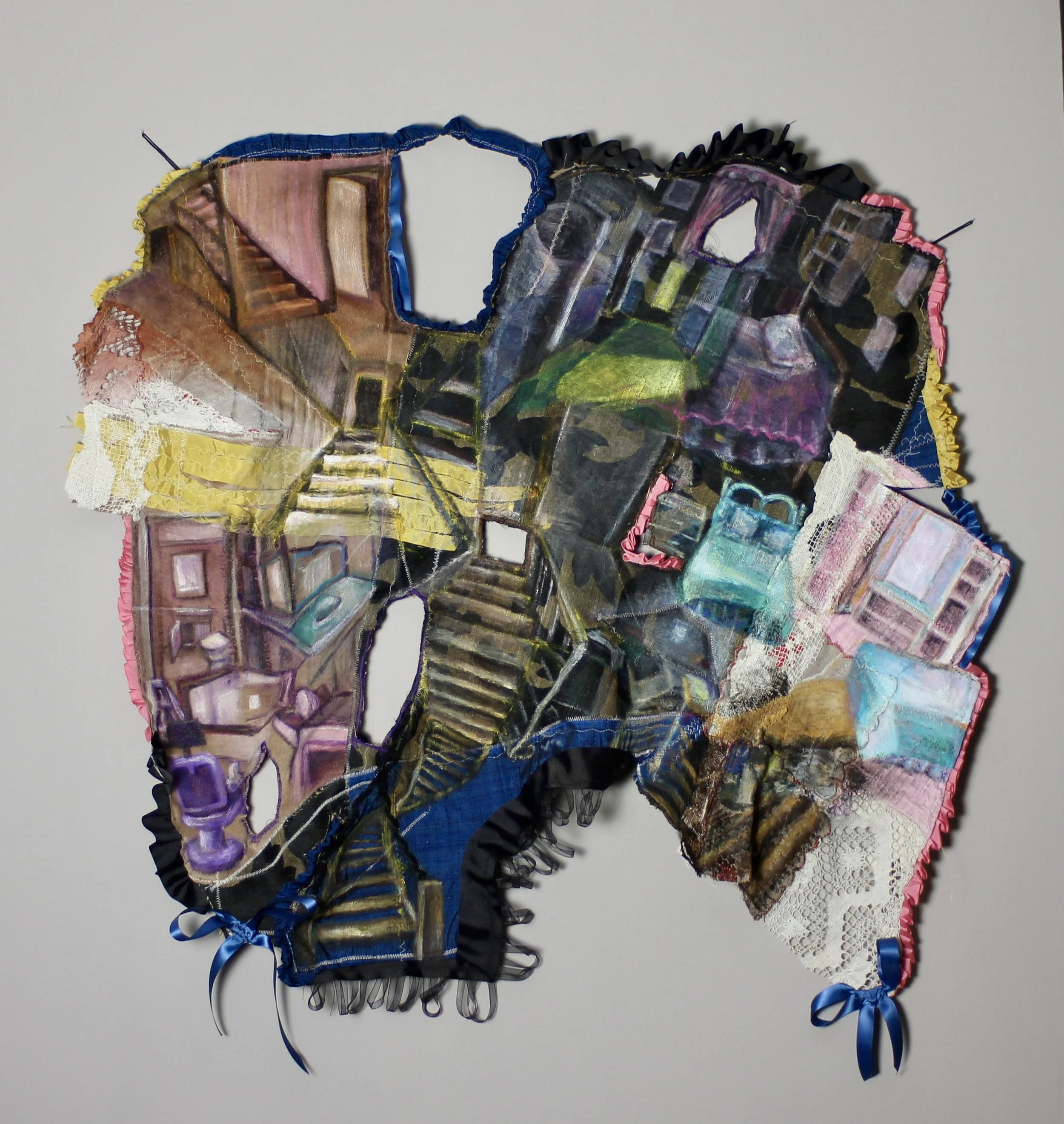 Dream Home, oil and acrylic on embroidered quilt, 31" X 31"