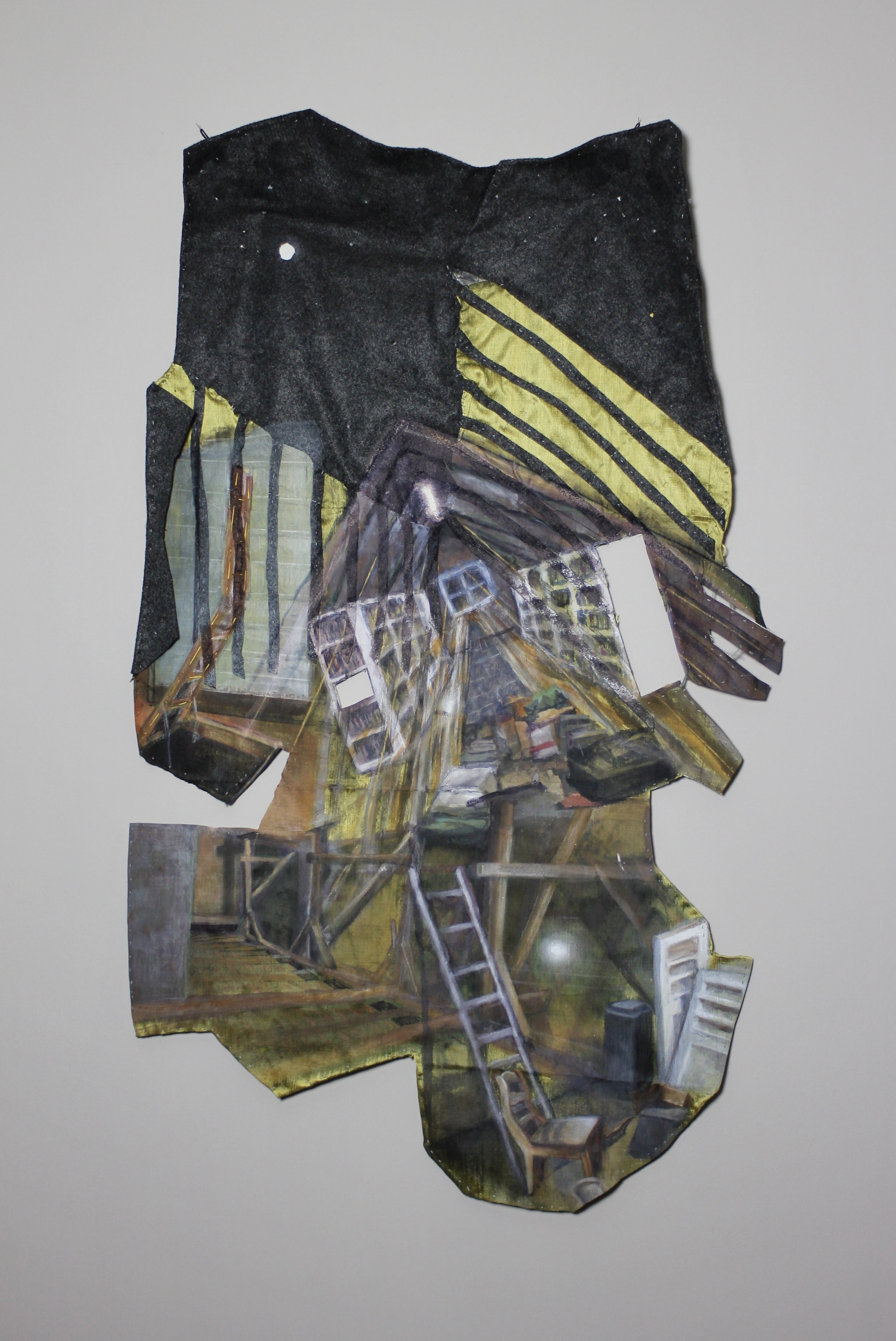 the Flowers in the Attic and the Pale Blue Dot, 25X44", ink, acrylic, dye, silk thread, and pencil on wool and satin backed with cotton
