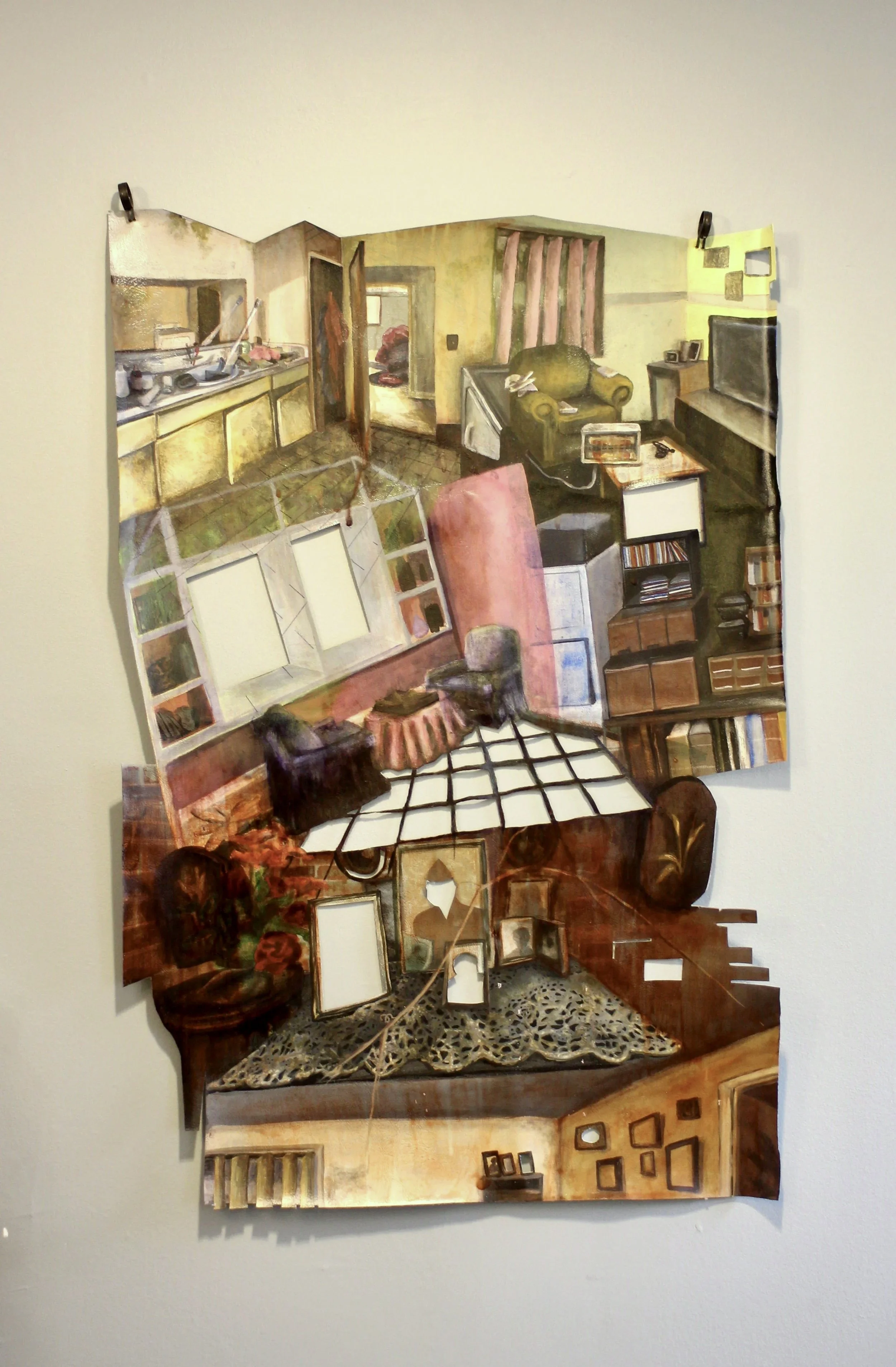 I Don't Want to be your Haunted House Anymore, dye, ink, and matte medium on vinyl upholstery fabric, 24"X37"