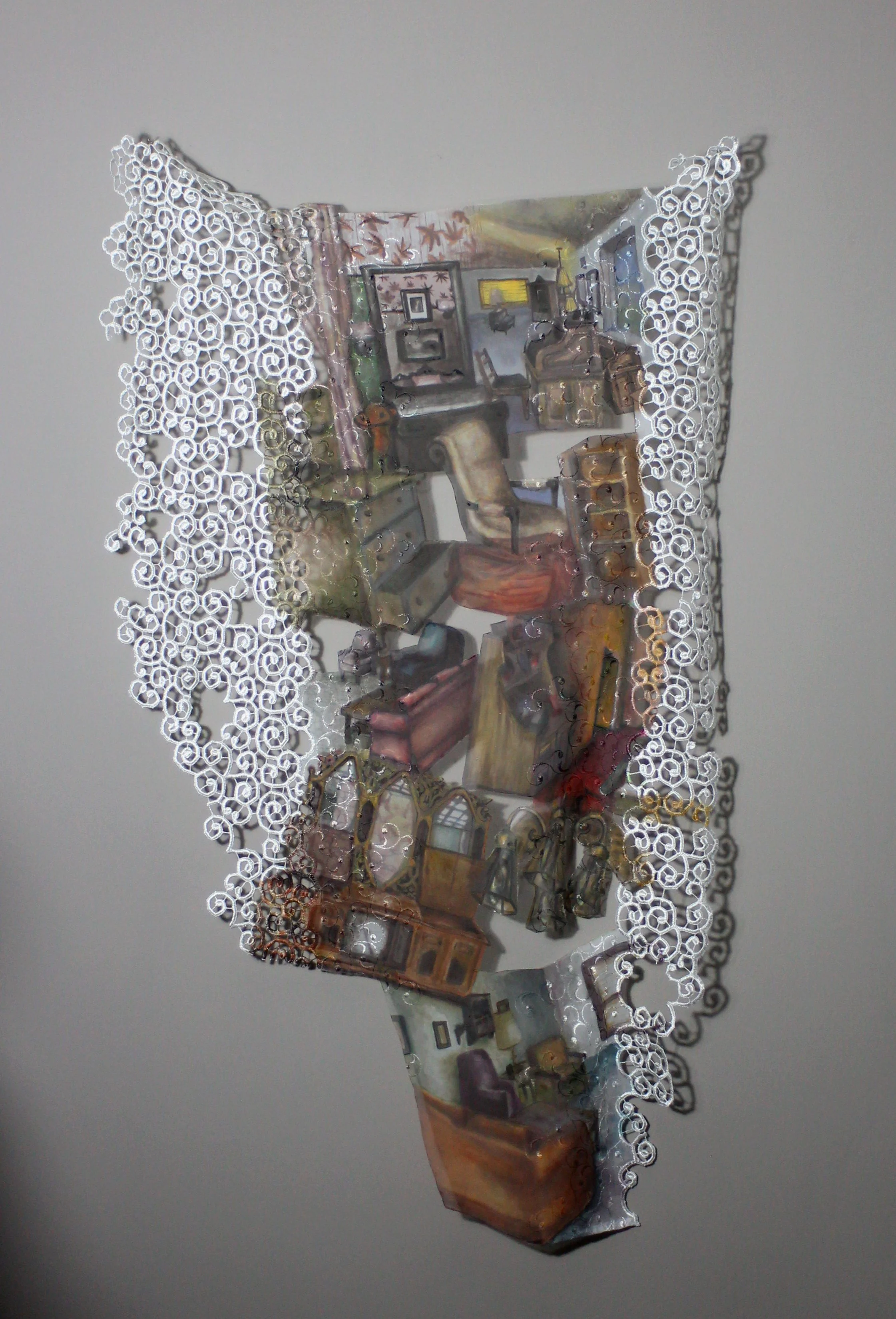 “A Sliver of Love”, Dye and ink on sheer curtain, 27X46”
