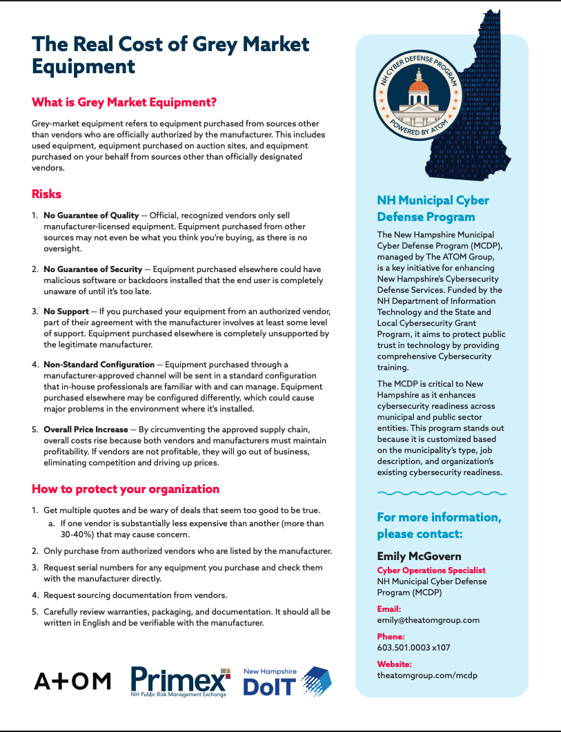 A One Page PDF about the dangers associated with using Grey Market Equipment.