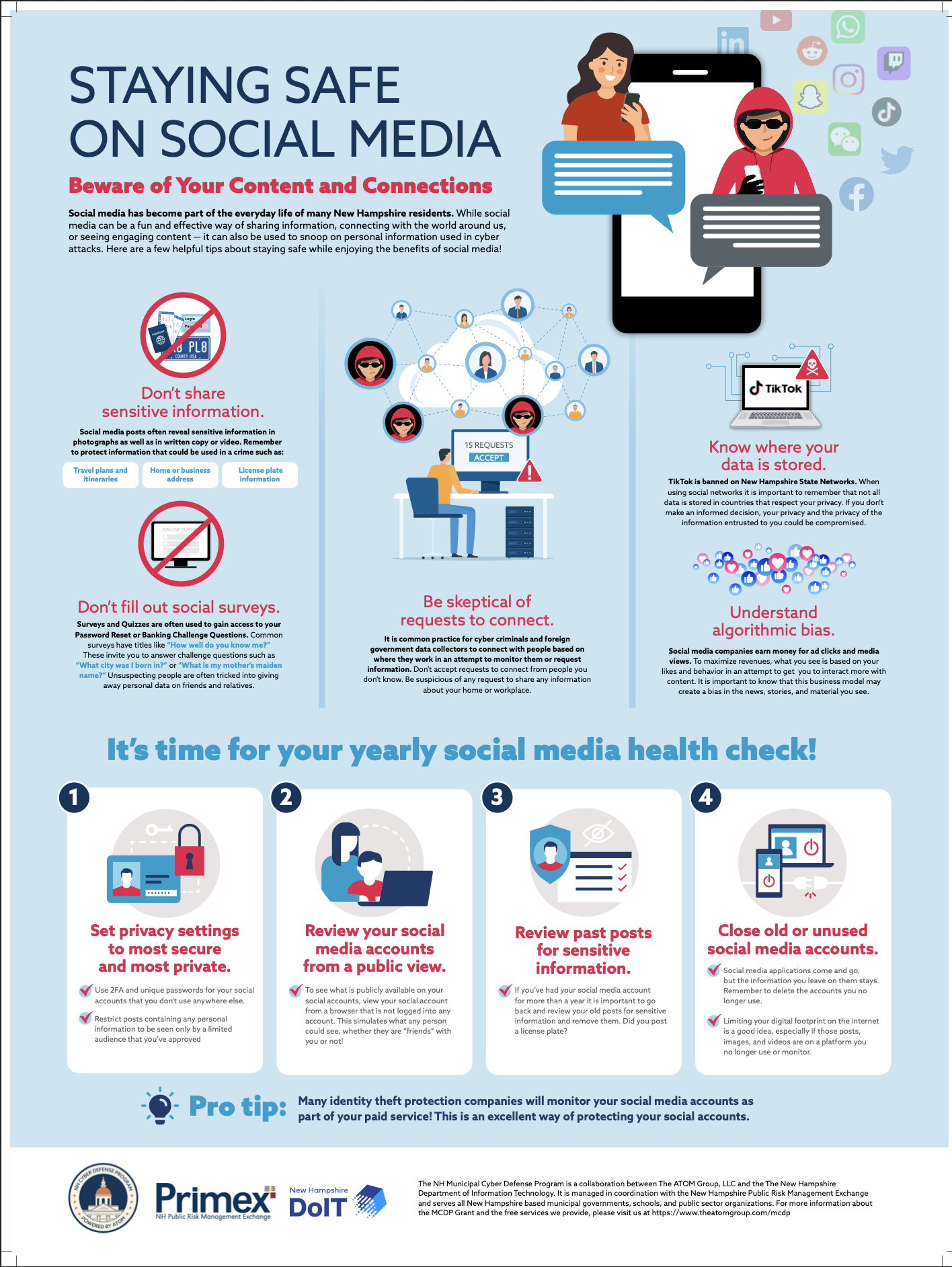 A poster describing how to stay safe on social media.