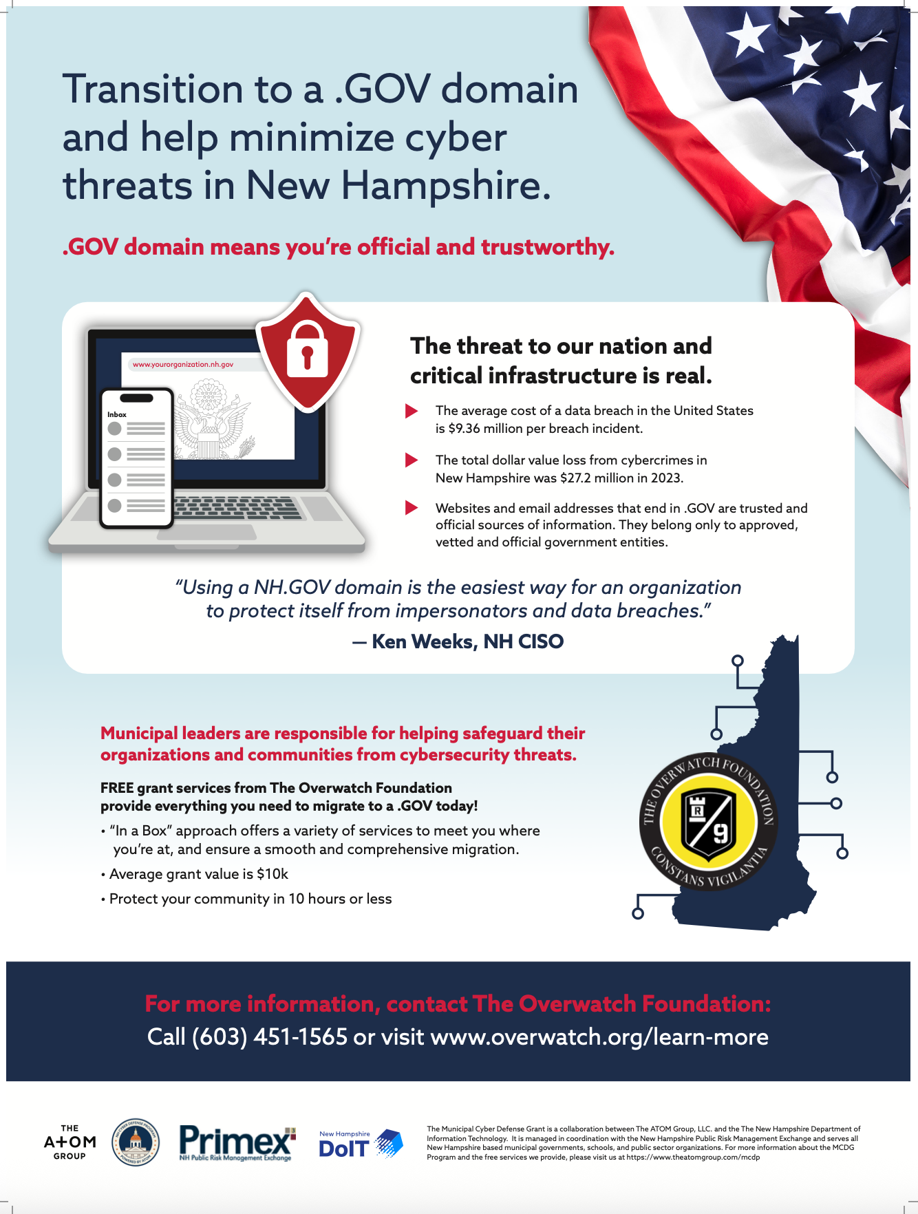 A poster explaining why municipal entities in New Hampshire should transition to a .Gov domain.