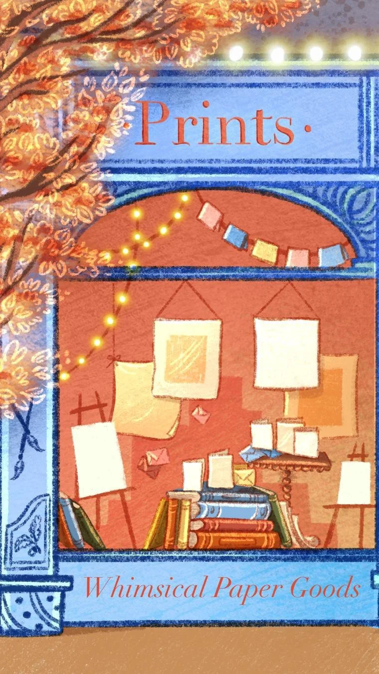 So the cat 🐈‍⬛ is out of the bag!
On 15th October I’ll be opening the doors to my new print shop on Etsy called STORYBOOKS & CO! It will filled with illustrated paper goods for book lovers and story dreamers!
I’ve created Story