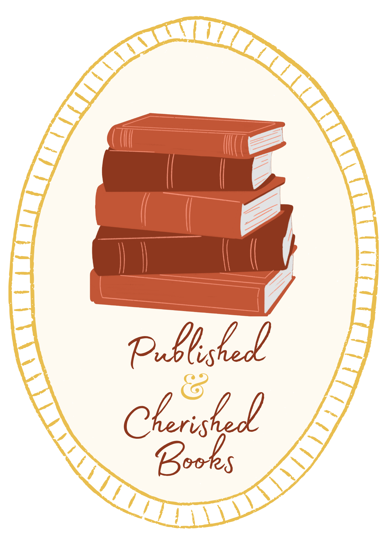 A stack of five vintage hardcover books with a gold decorative border and the words 'Published & Cherished Books' written below.