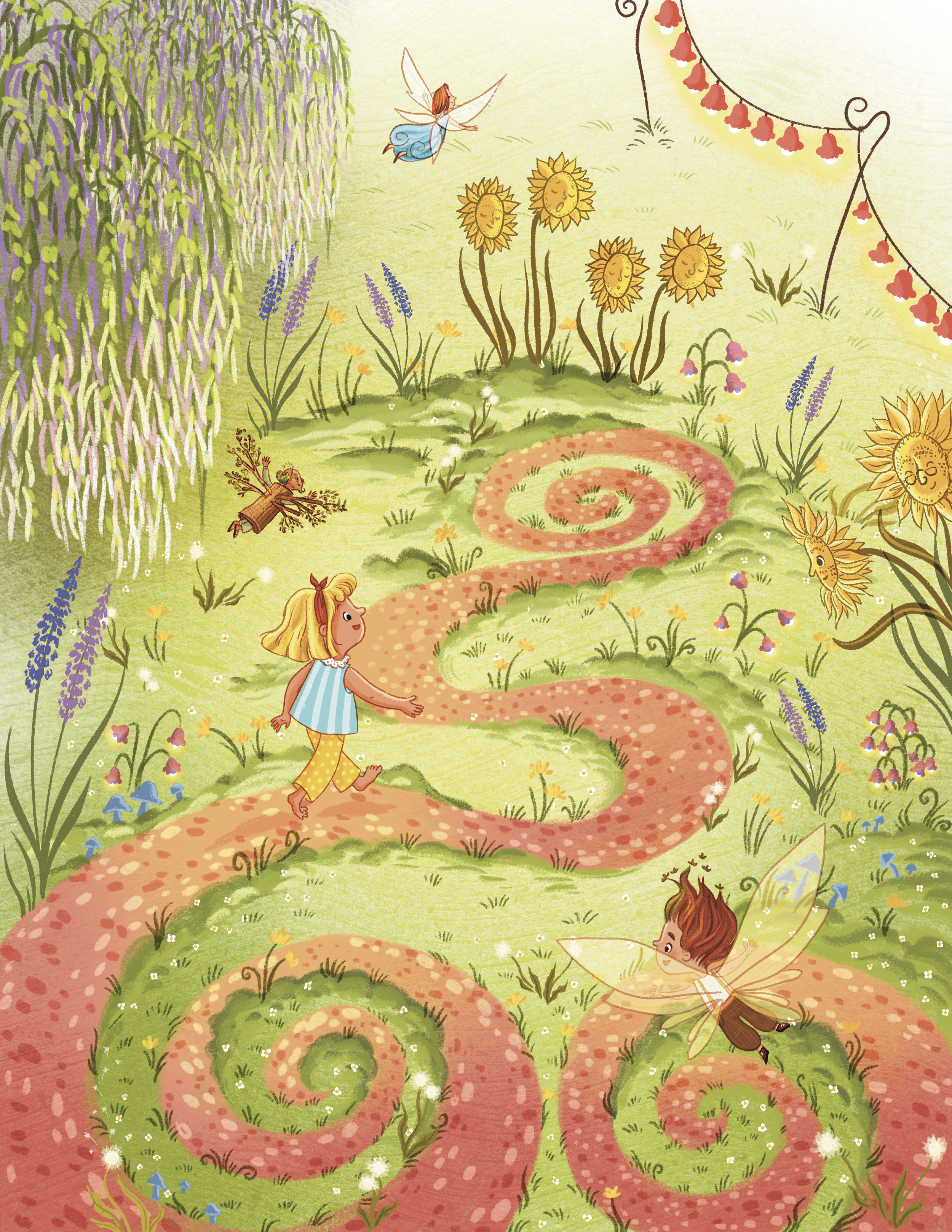 A whimsical illustration of a garden with a winding red path and colorful flowers, smiling sunflowers, a fairy with butterfly wings and a girl walking along the path, with a fairy and other tiny fairies nearby, hanging string lights, and lush greenery and hanging purple flowers like wisteria.